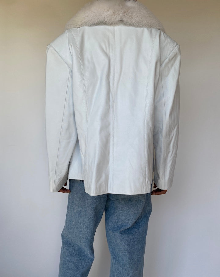 VINTAGE WHITE LEATHER JACKET WITH FUR COLLAR 3225