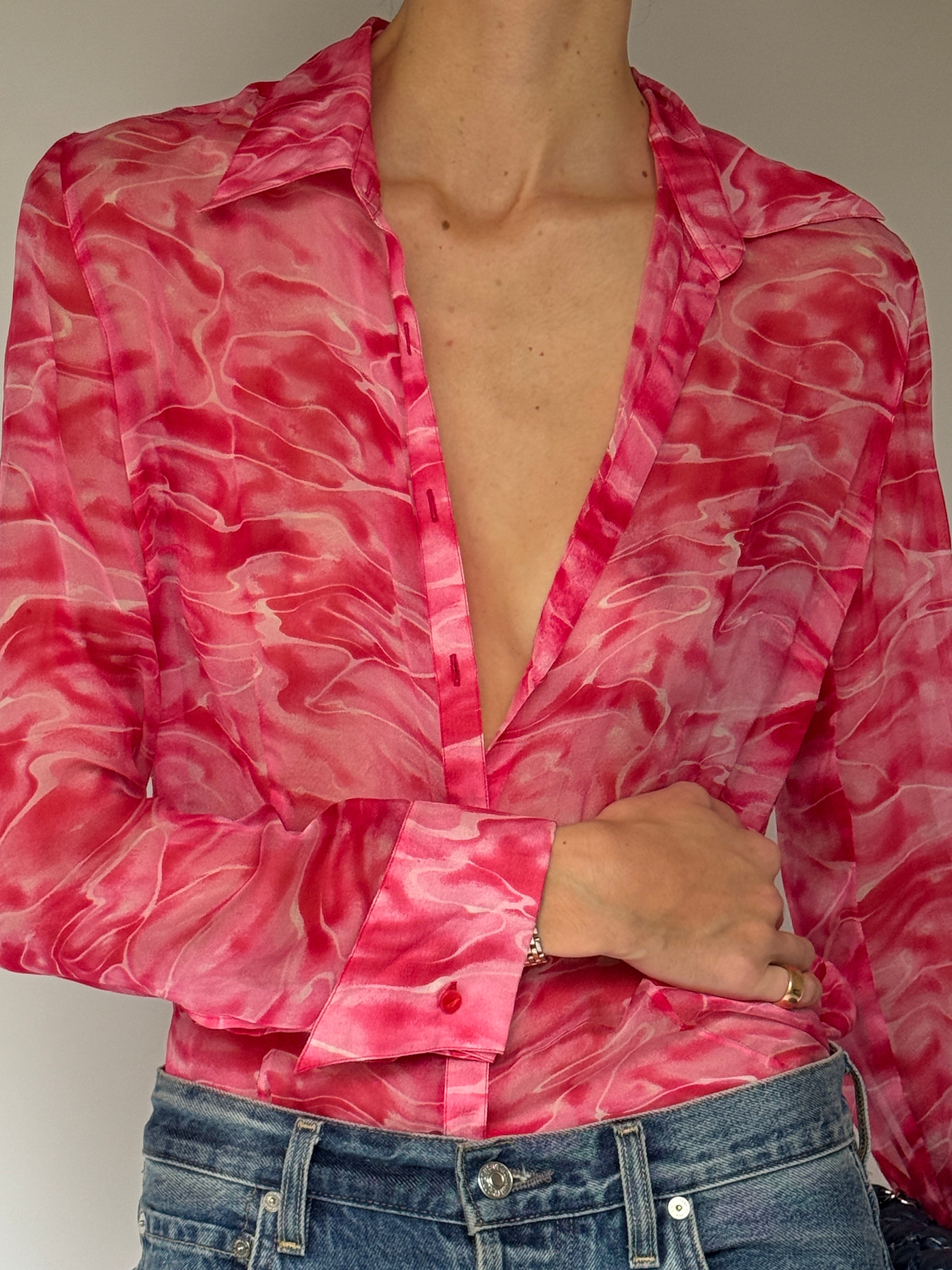 Pink abstract swirl sheer vintage blouse front detail