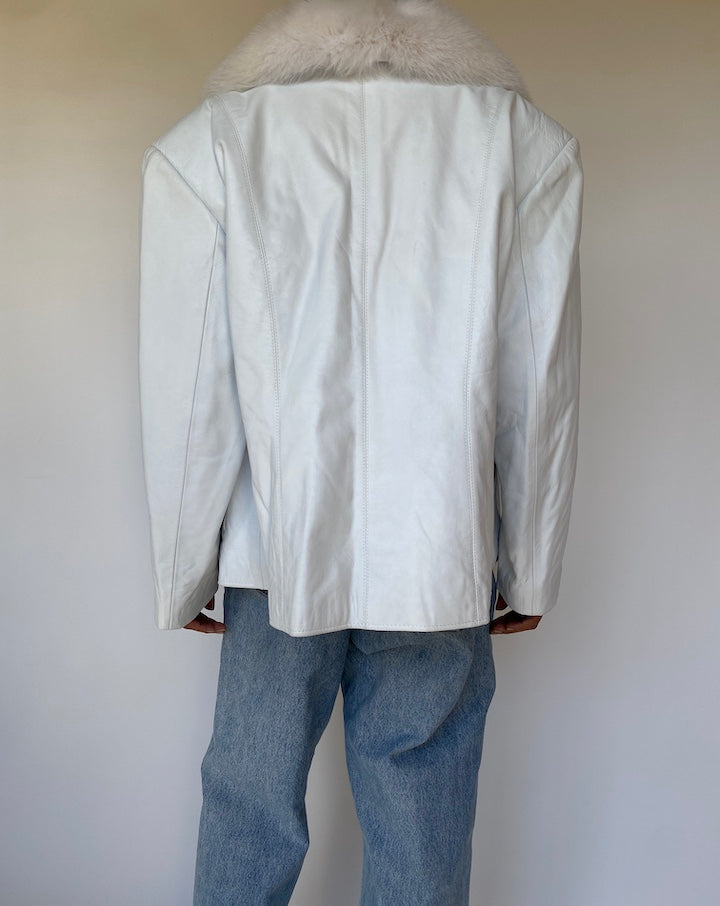 VINTAGE WHITE LEATHER JACKET WITH FUR COLLAR 3225