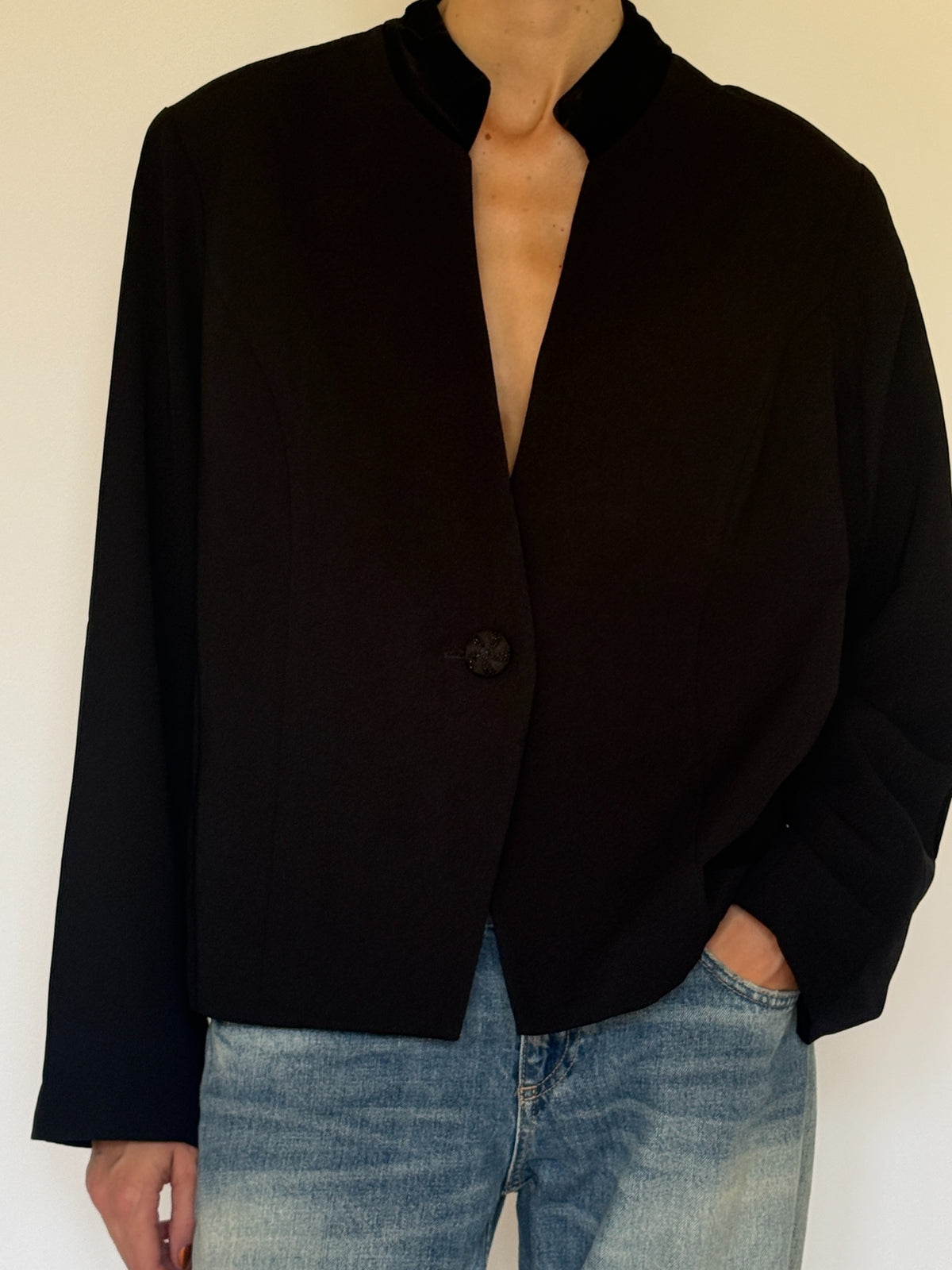 Vintage black velvet collar blazer front view