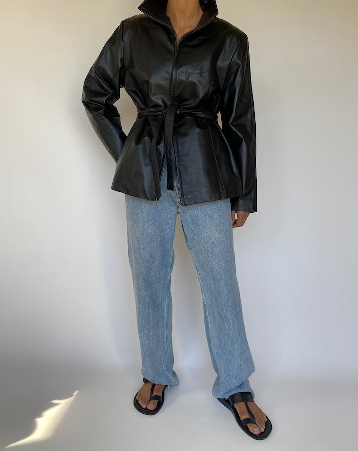 VINTAGE BLACK LEATHER SHORT TRENCH 3226