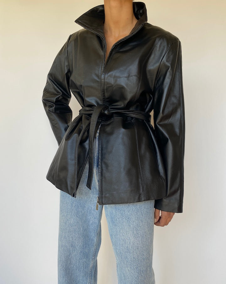 VINTAGE BLACK LEATHER SHORT TRENCH 3226