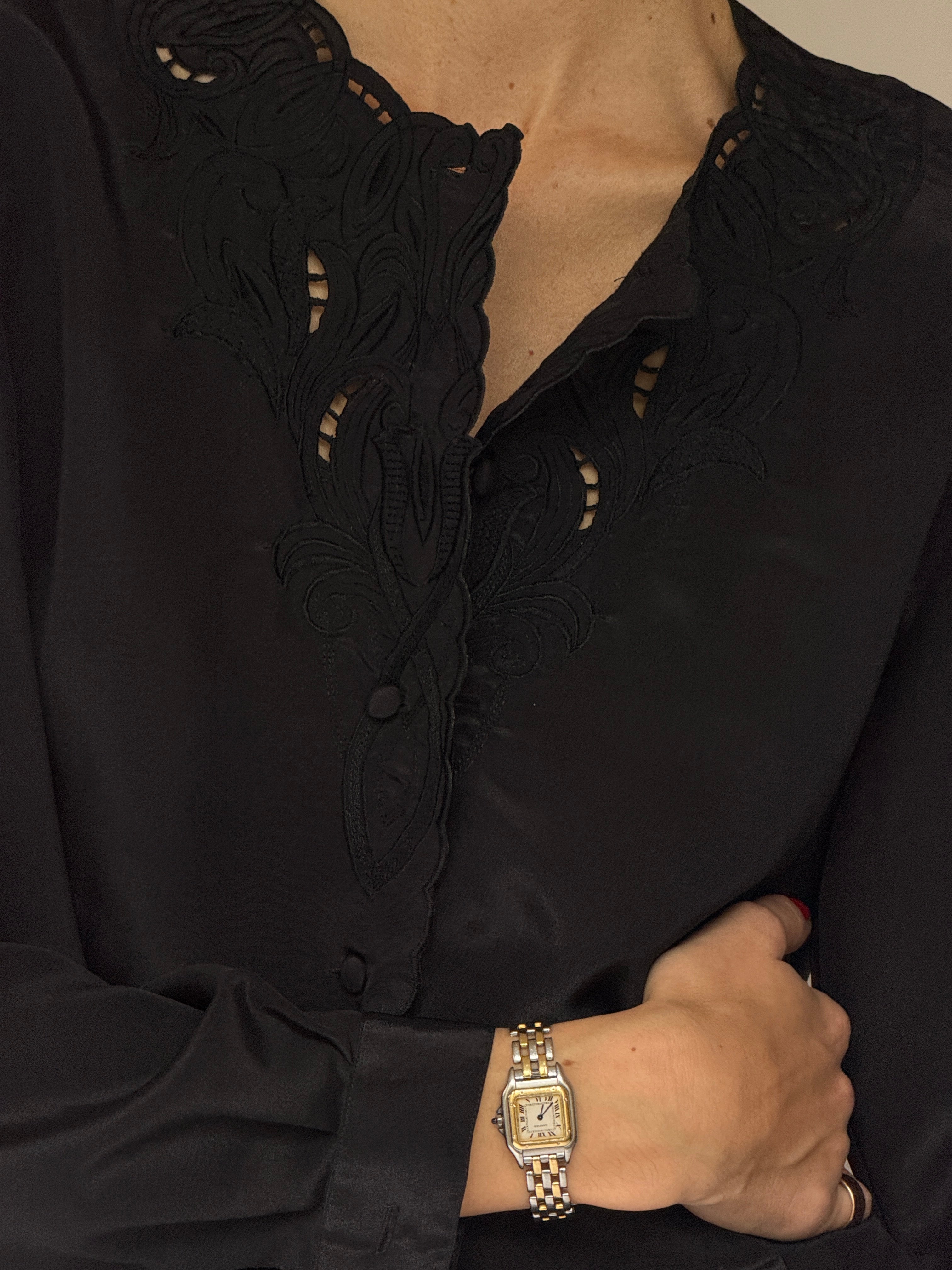 Vintage Scalloped-Neckline Blouse Black 7064