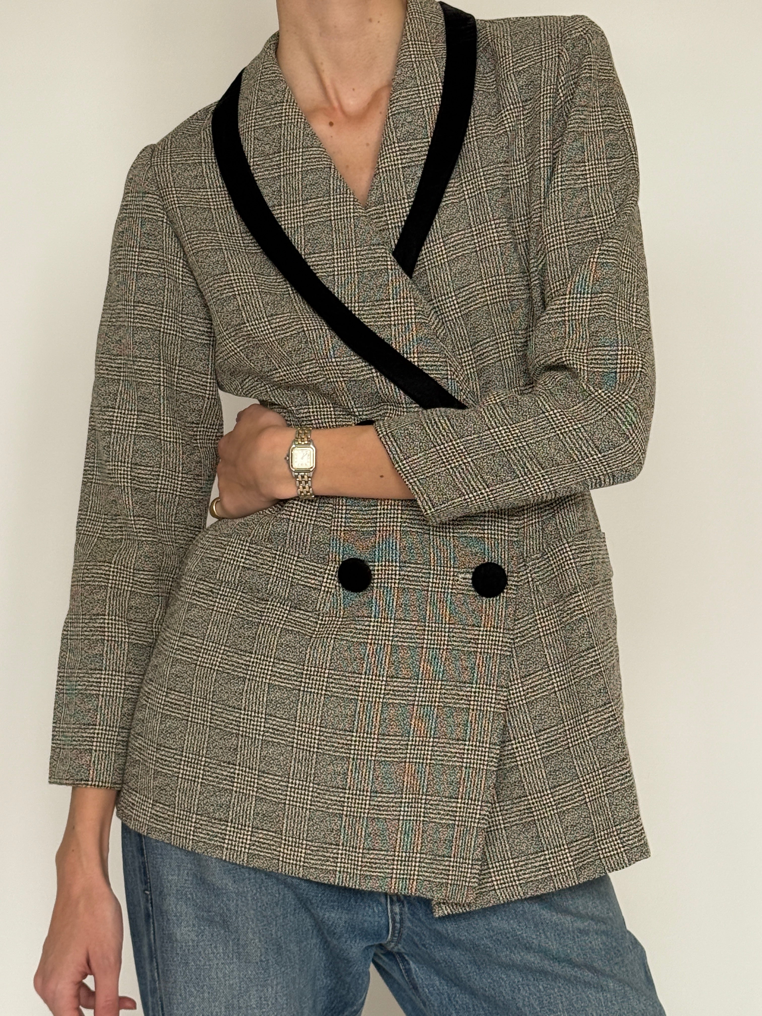 Vintage plaid double-breasted blazer front view