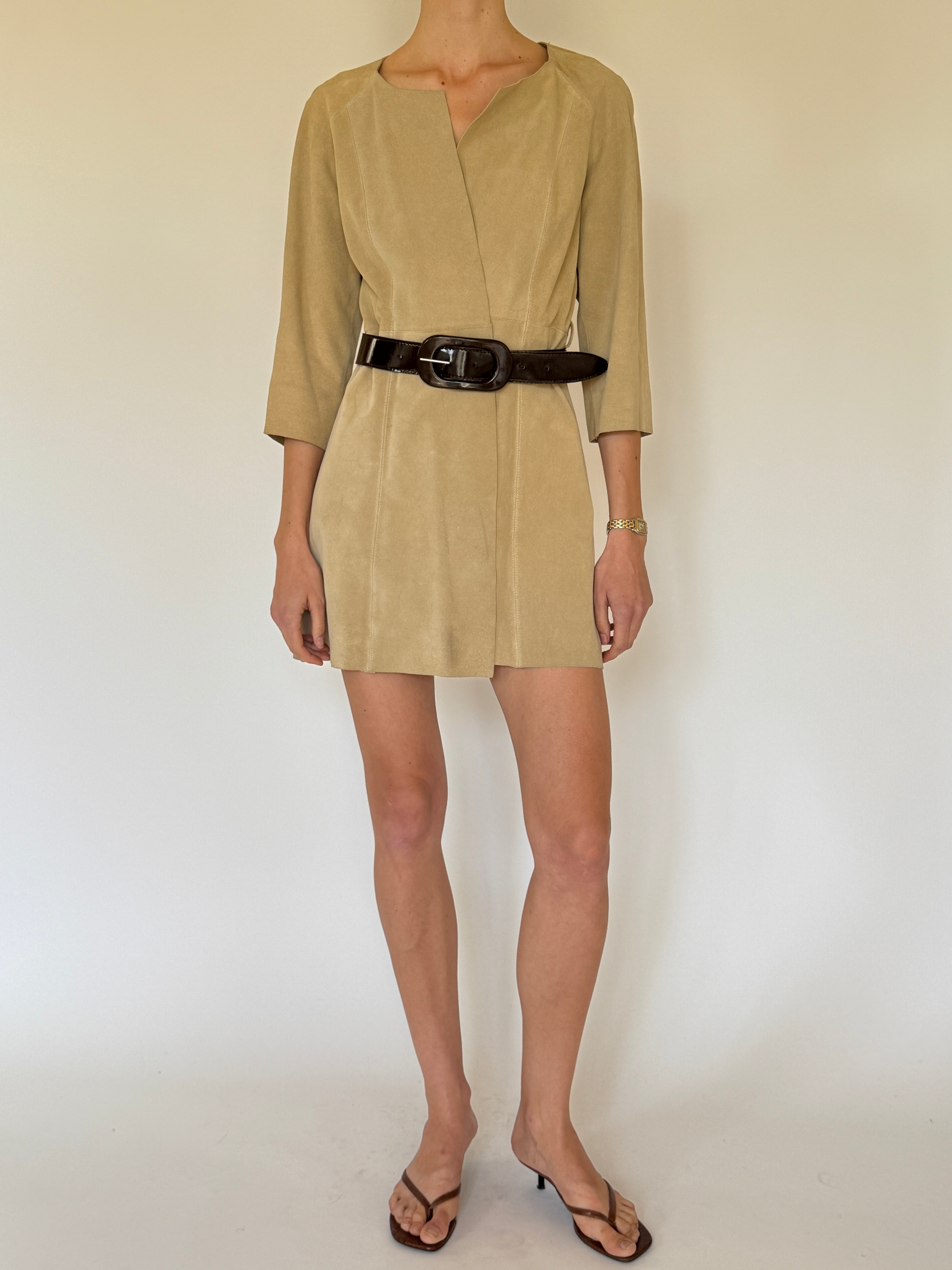 Vintage beige suede mini dress front view paneled silhouette