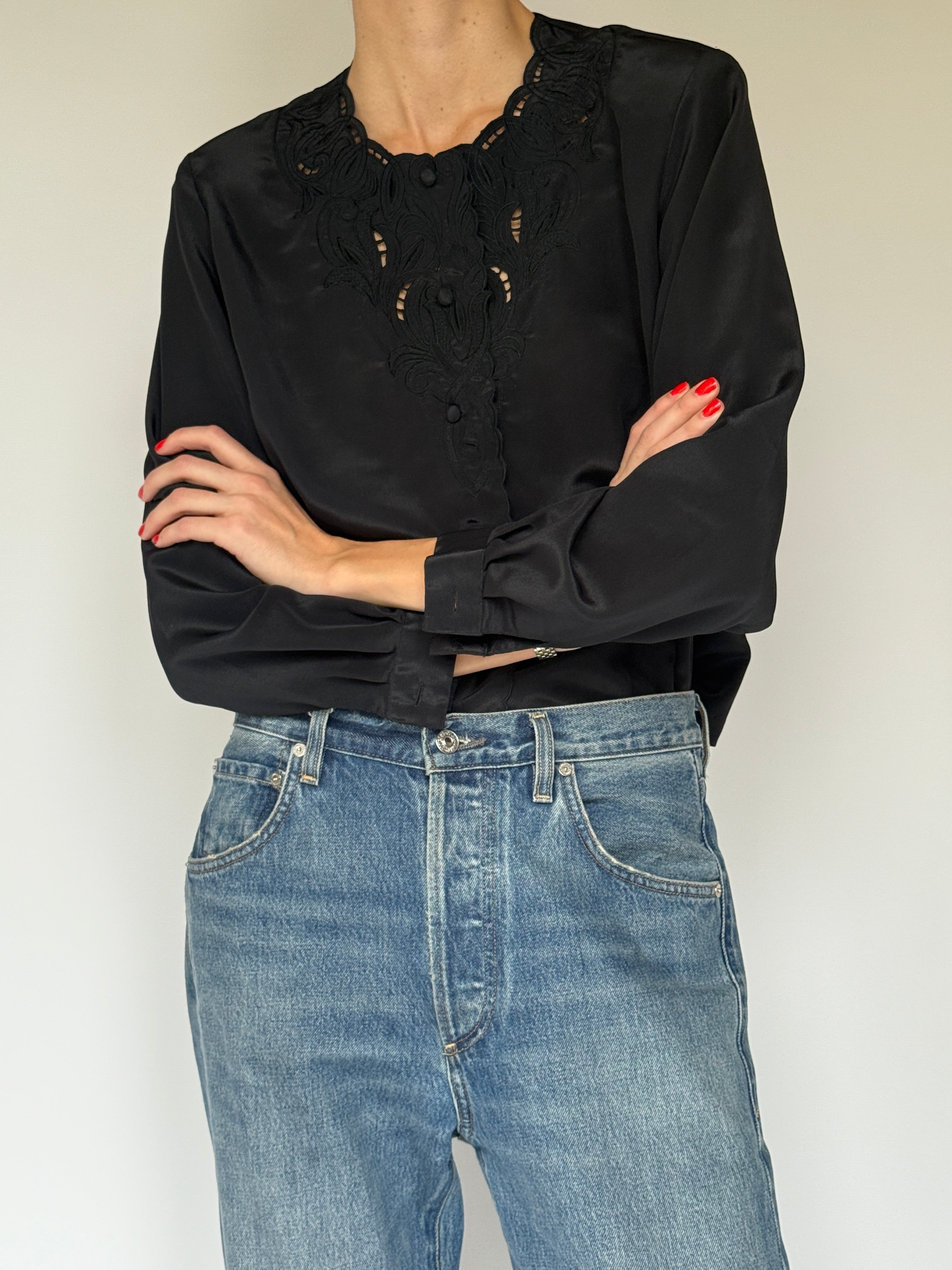 Vintage Scalloped-Neckline Blouse Black 7064