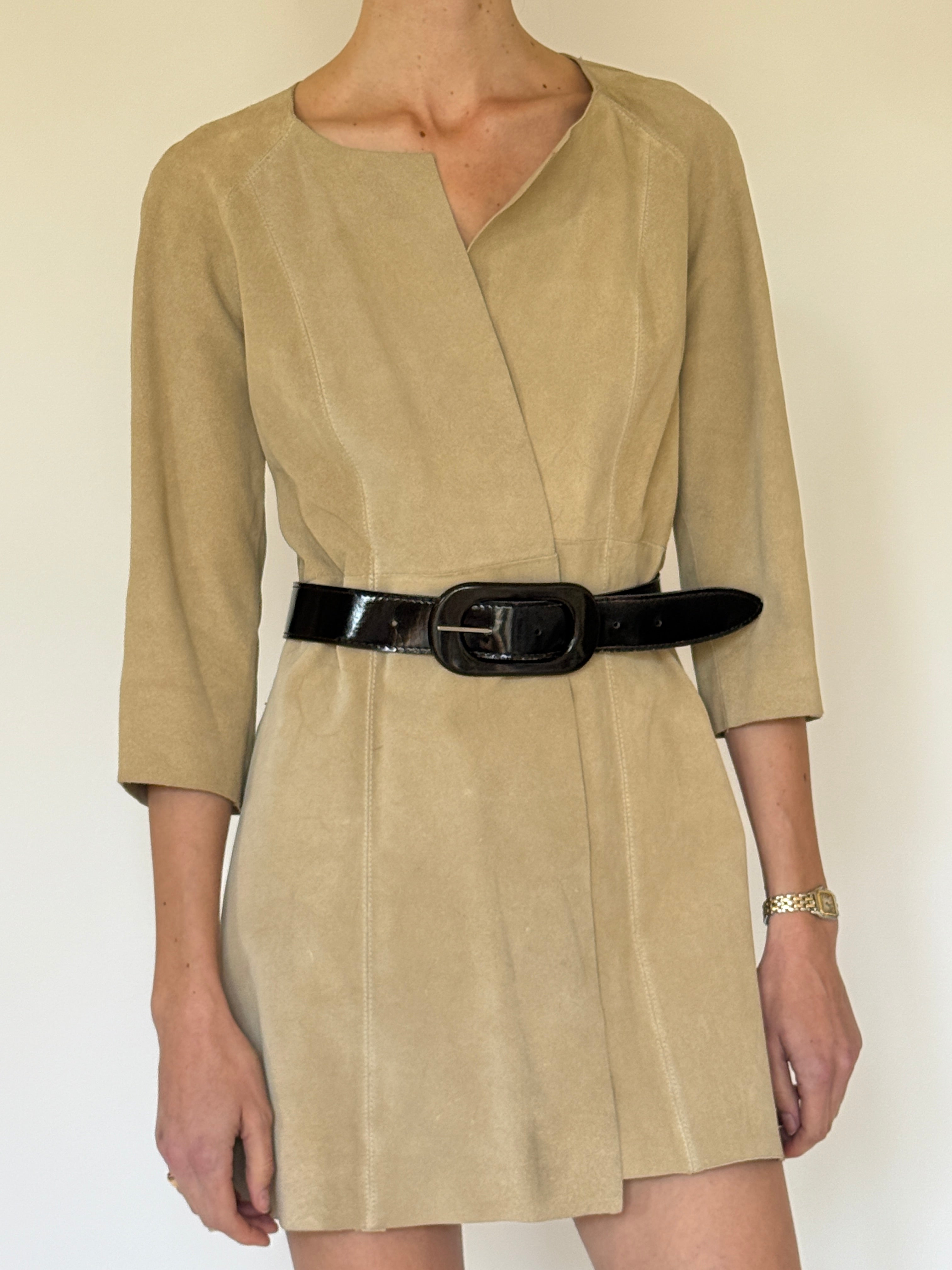 Vintage beige suede mini dress waist seam panel detail
