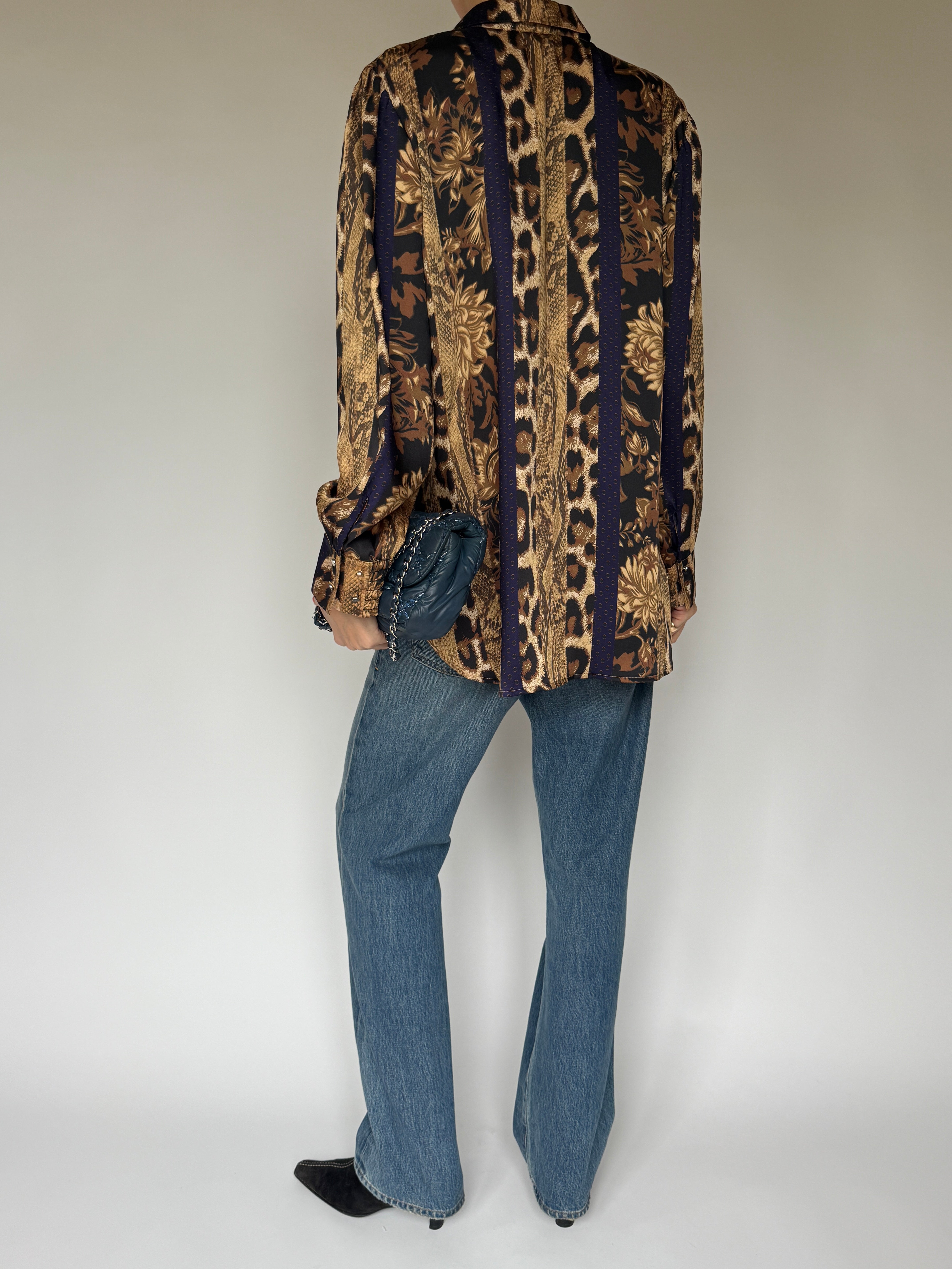 Vintage Mixed-Print Satin Button-Down Blouse