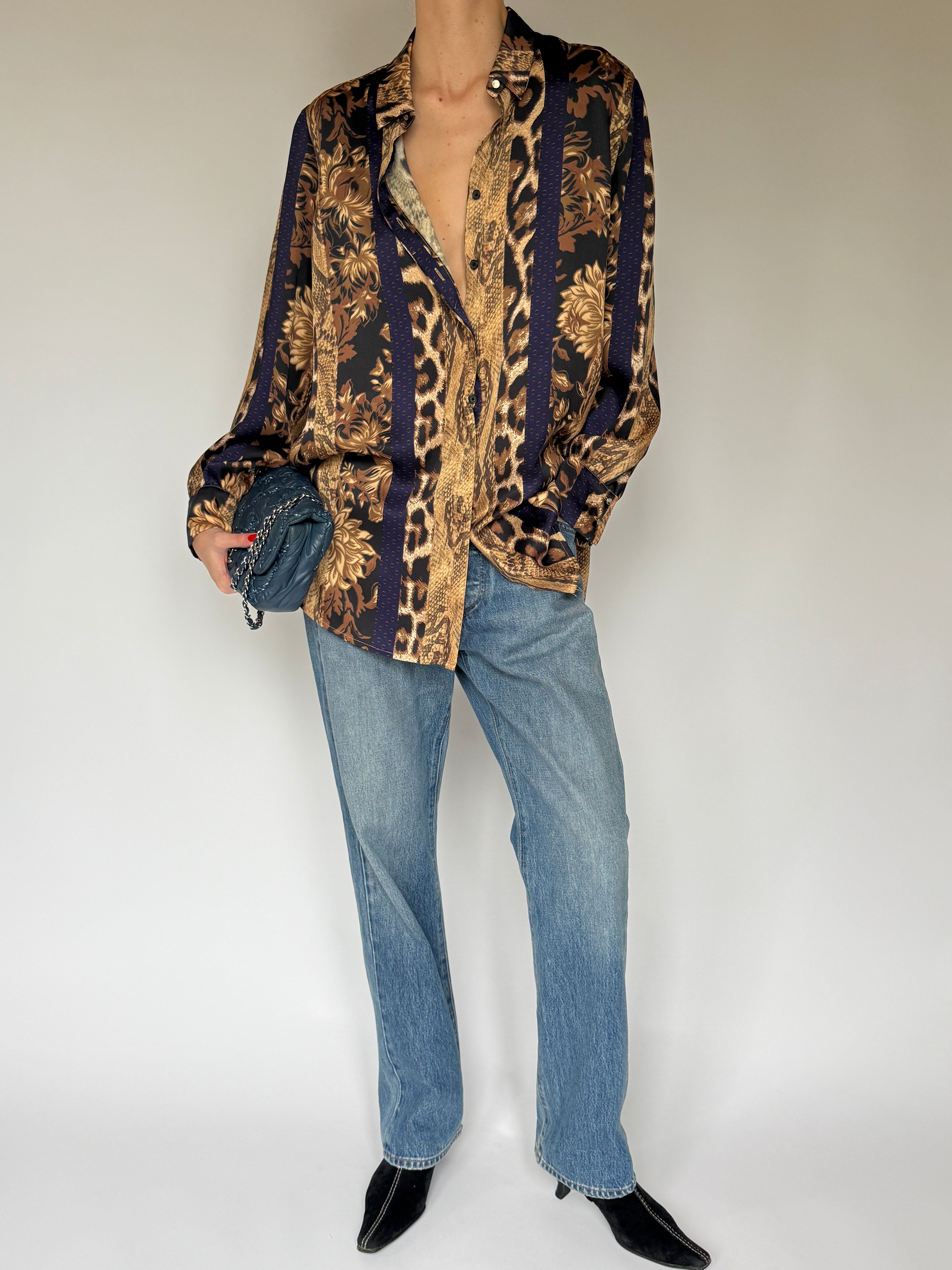 Vintage Mixed-Print Satin Button-Down Blouse