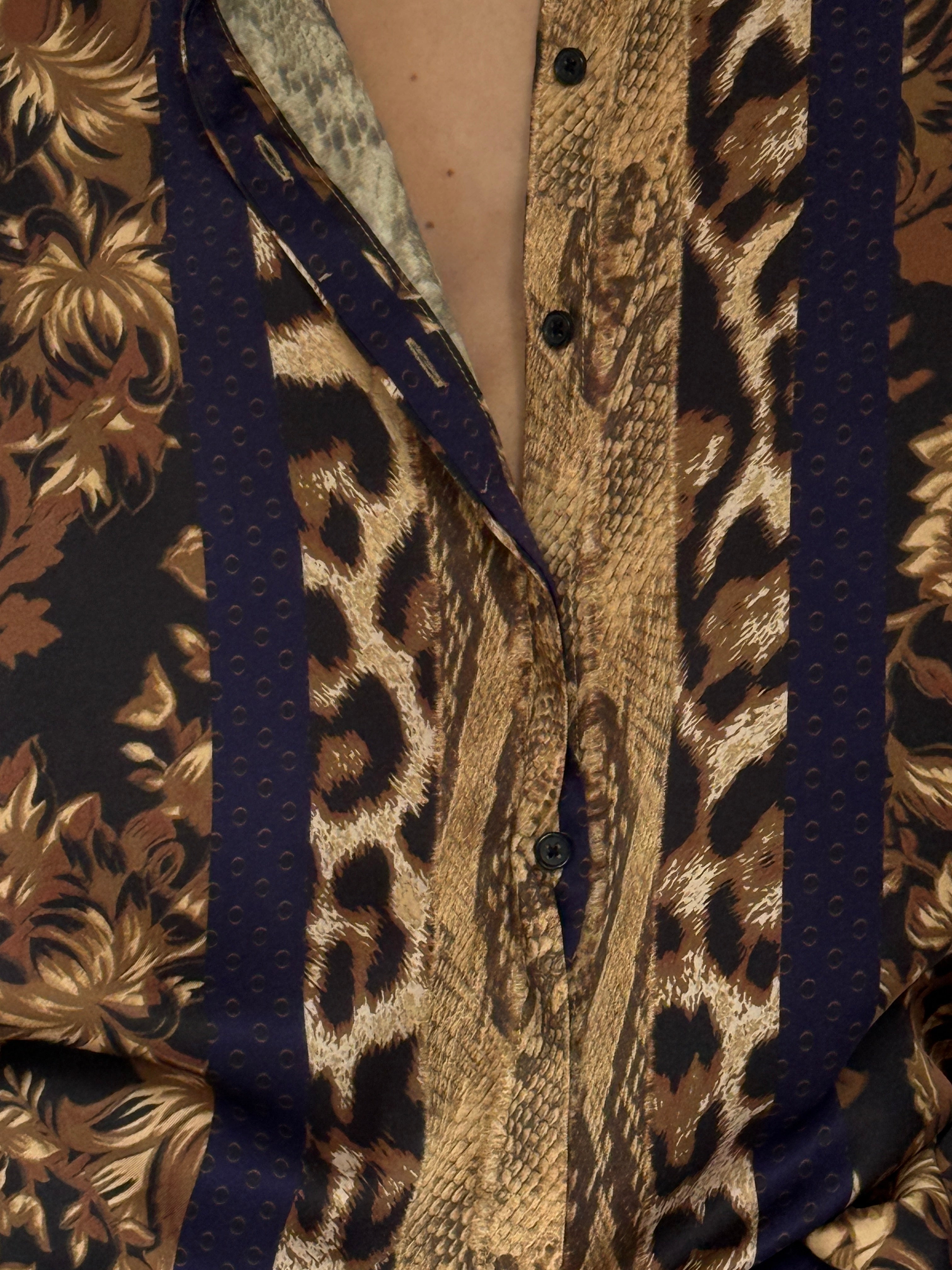 Vintage Mixed-Print Satin Button-Down Blouse