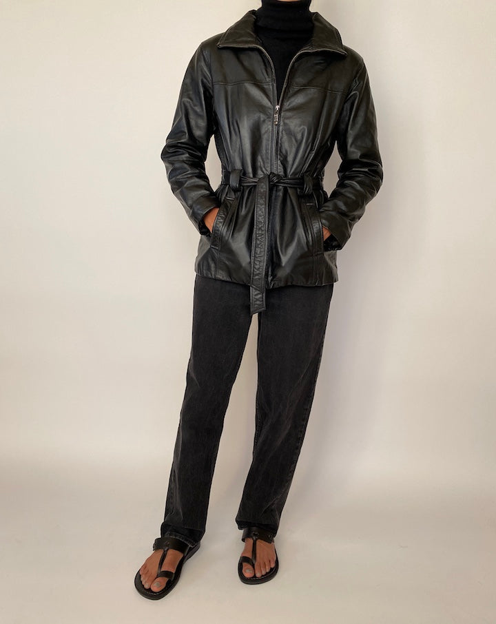 VINTAGE BLACK SHORT TRENCH LEATHER JACKET 2046
