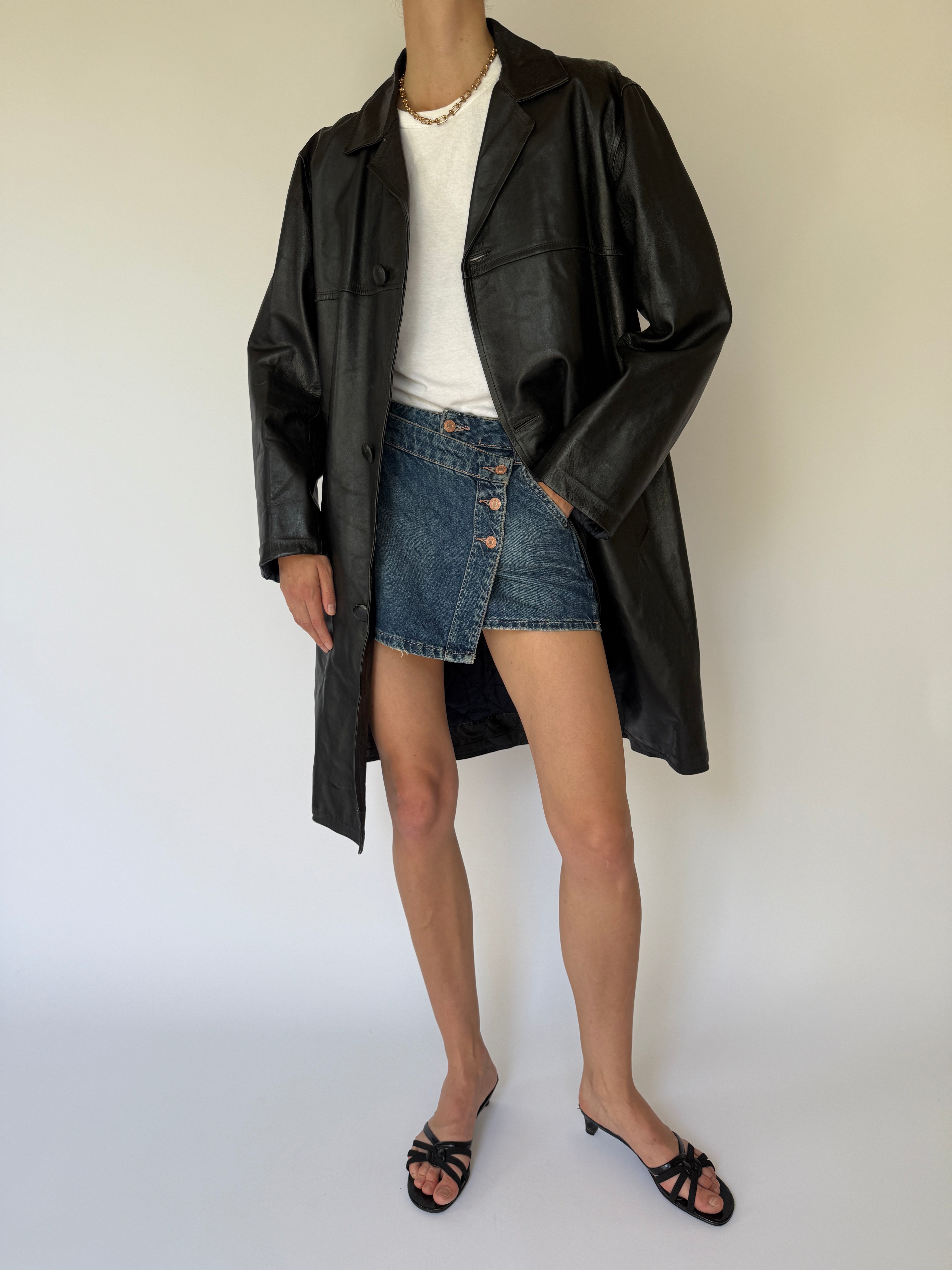 Vintage long leather coat black 5916