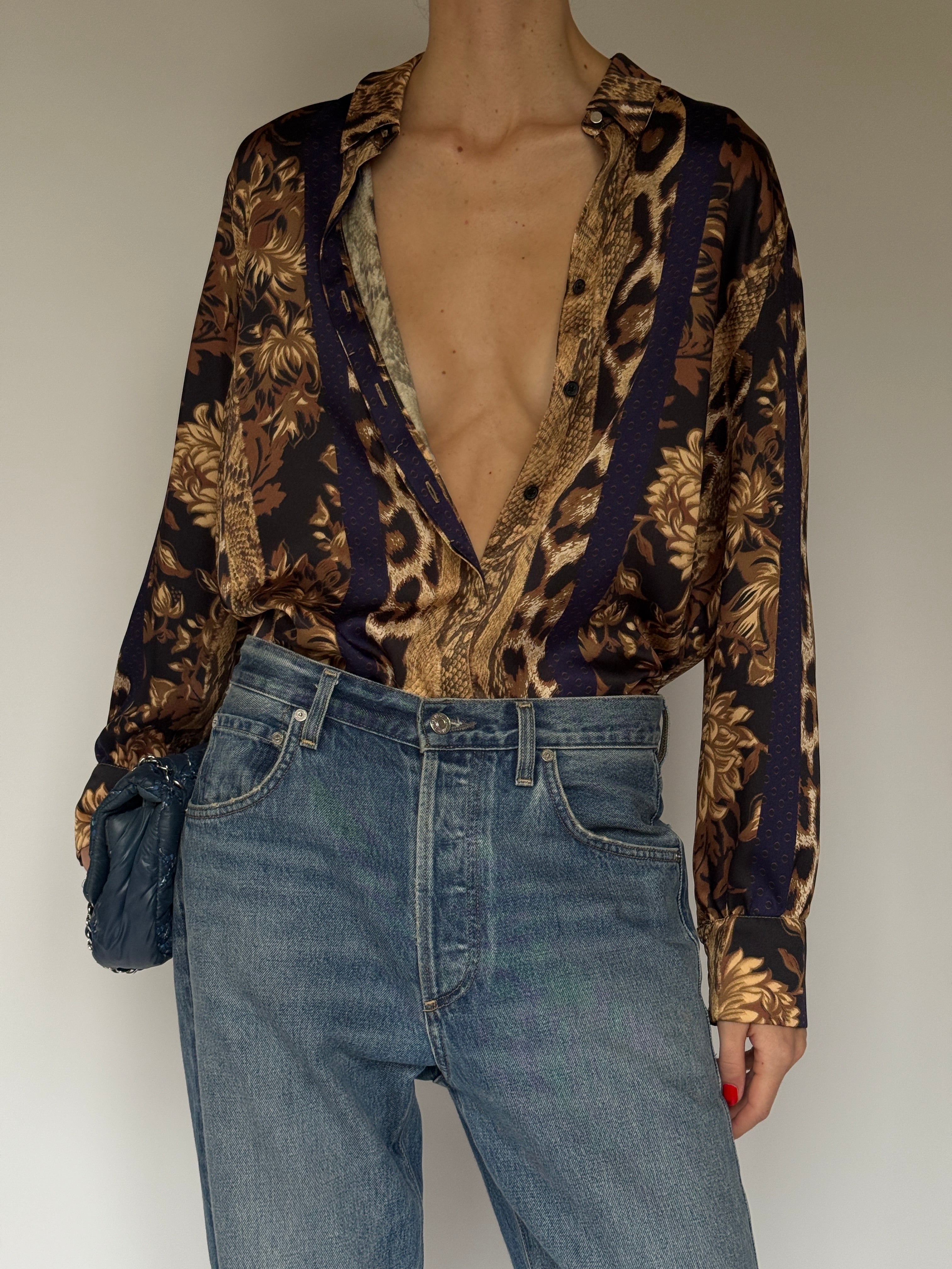 Vintage Mixed-Print Satin Button-Down Blouse