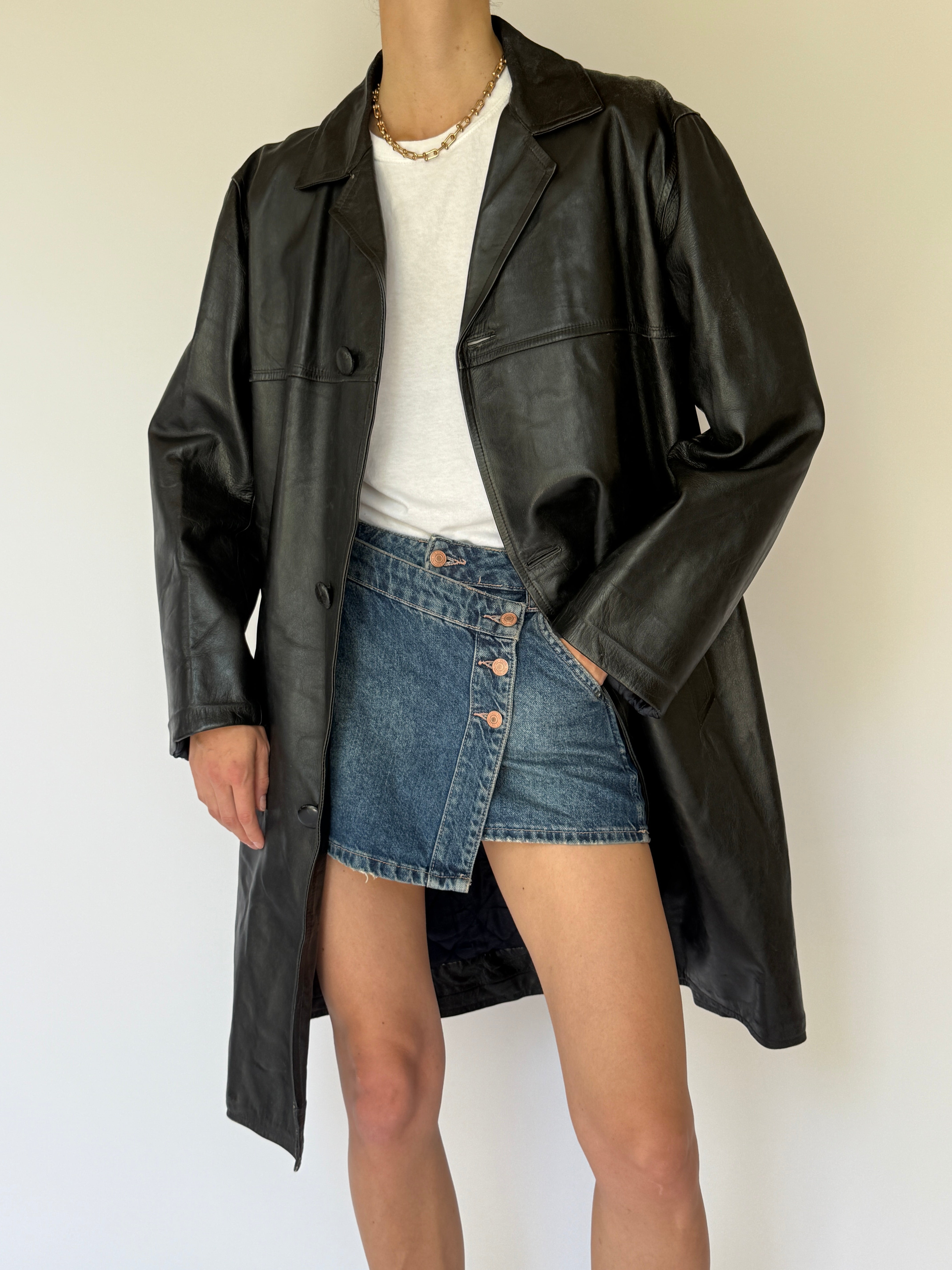 Vintage long leather coat black 5916