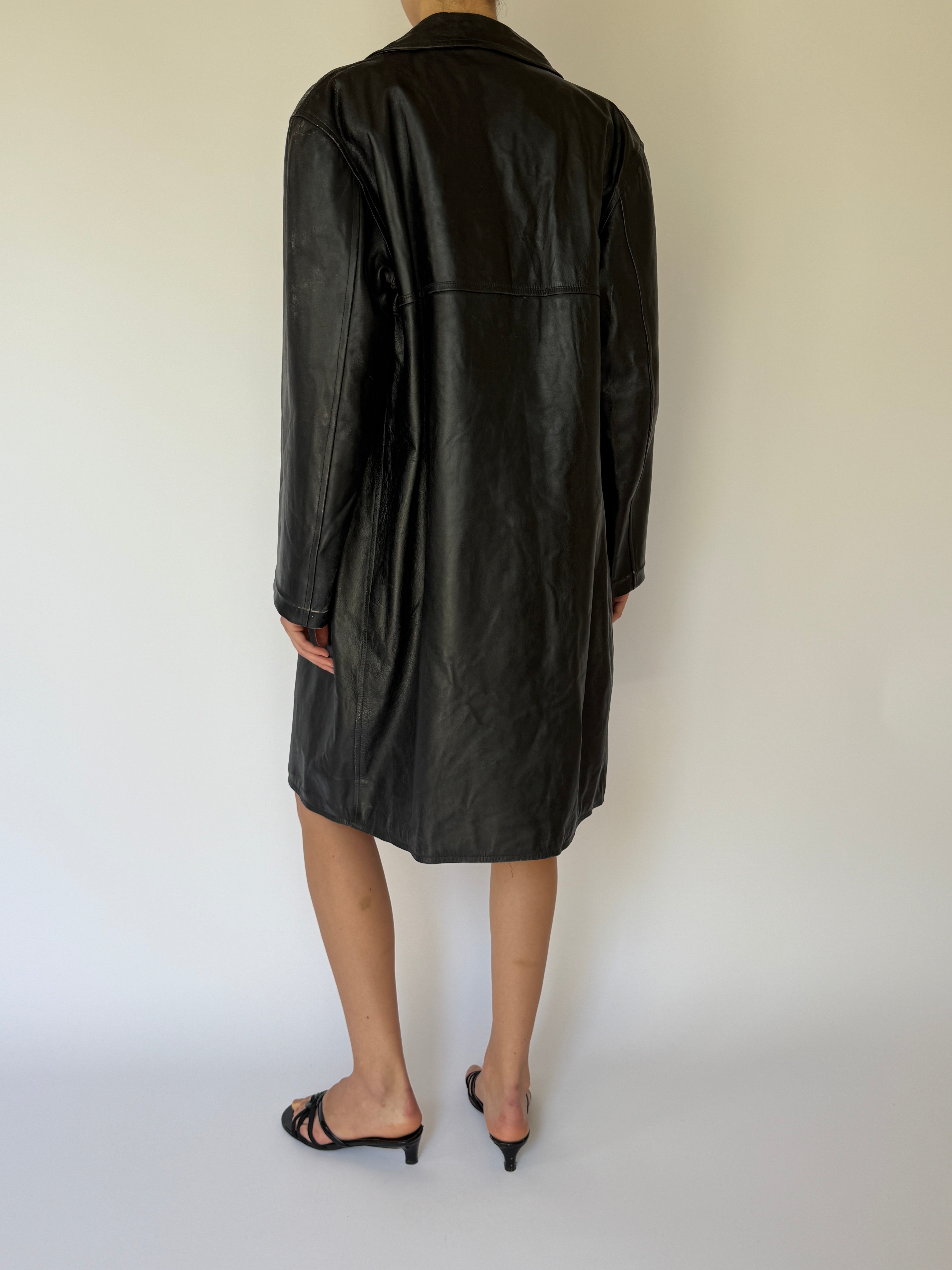 Vintage long leather coat black 5916