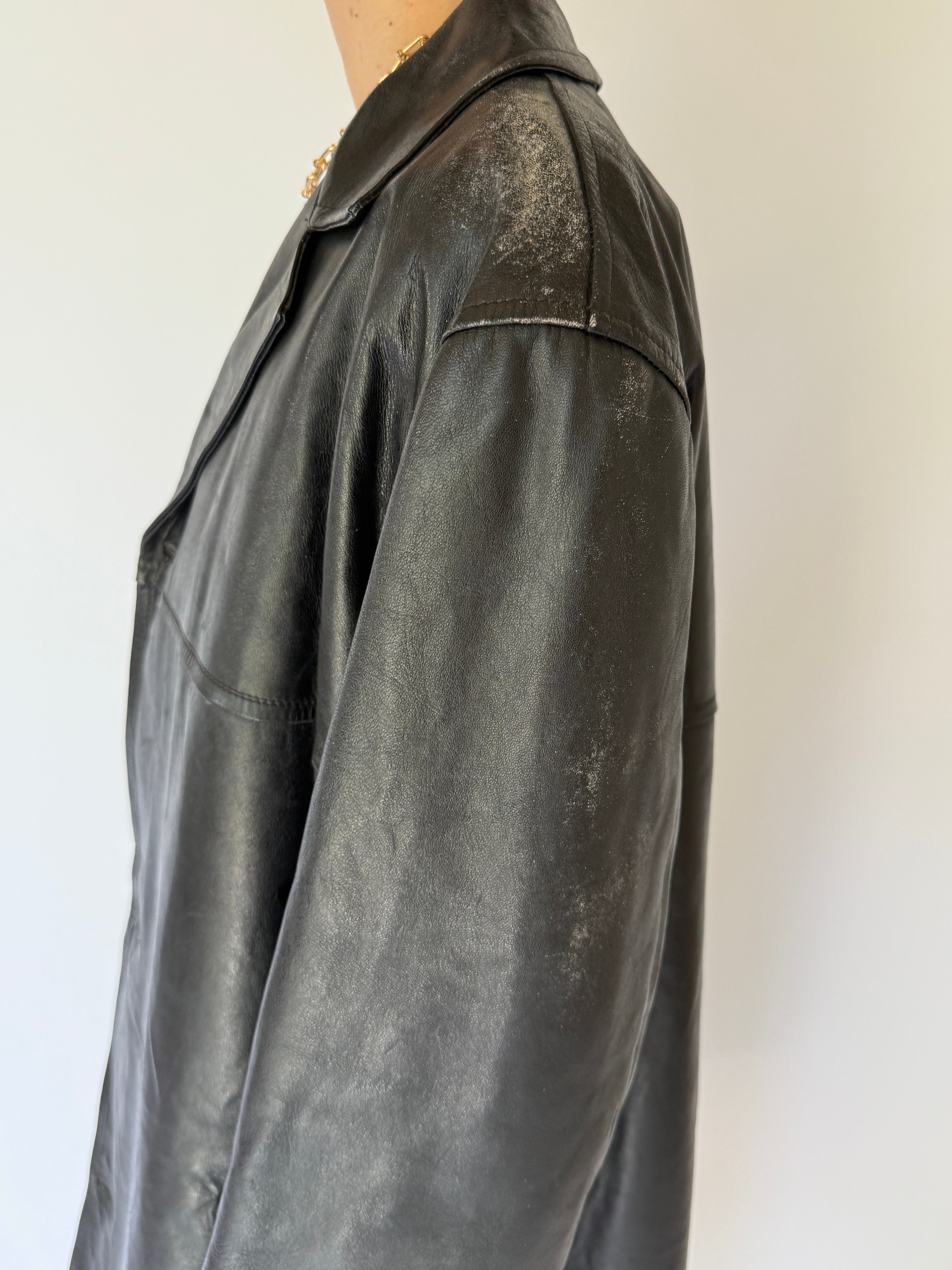 Vintage long leather coat black 5916