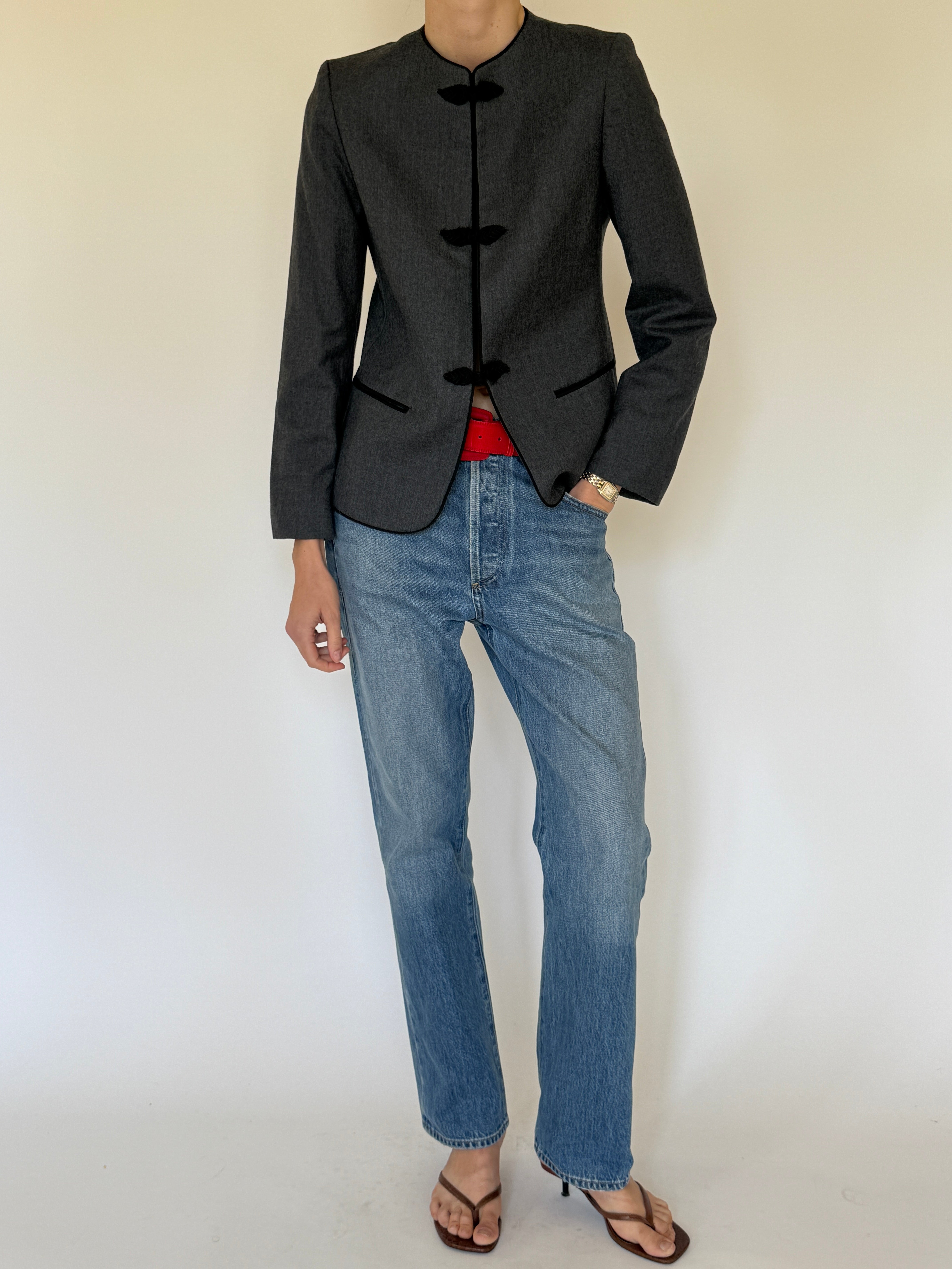 Vintage grey wool frog closure jacket front view