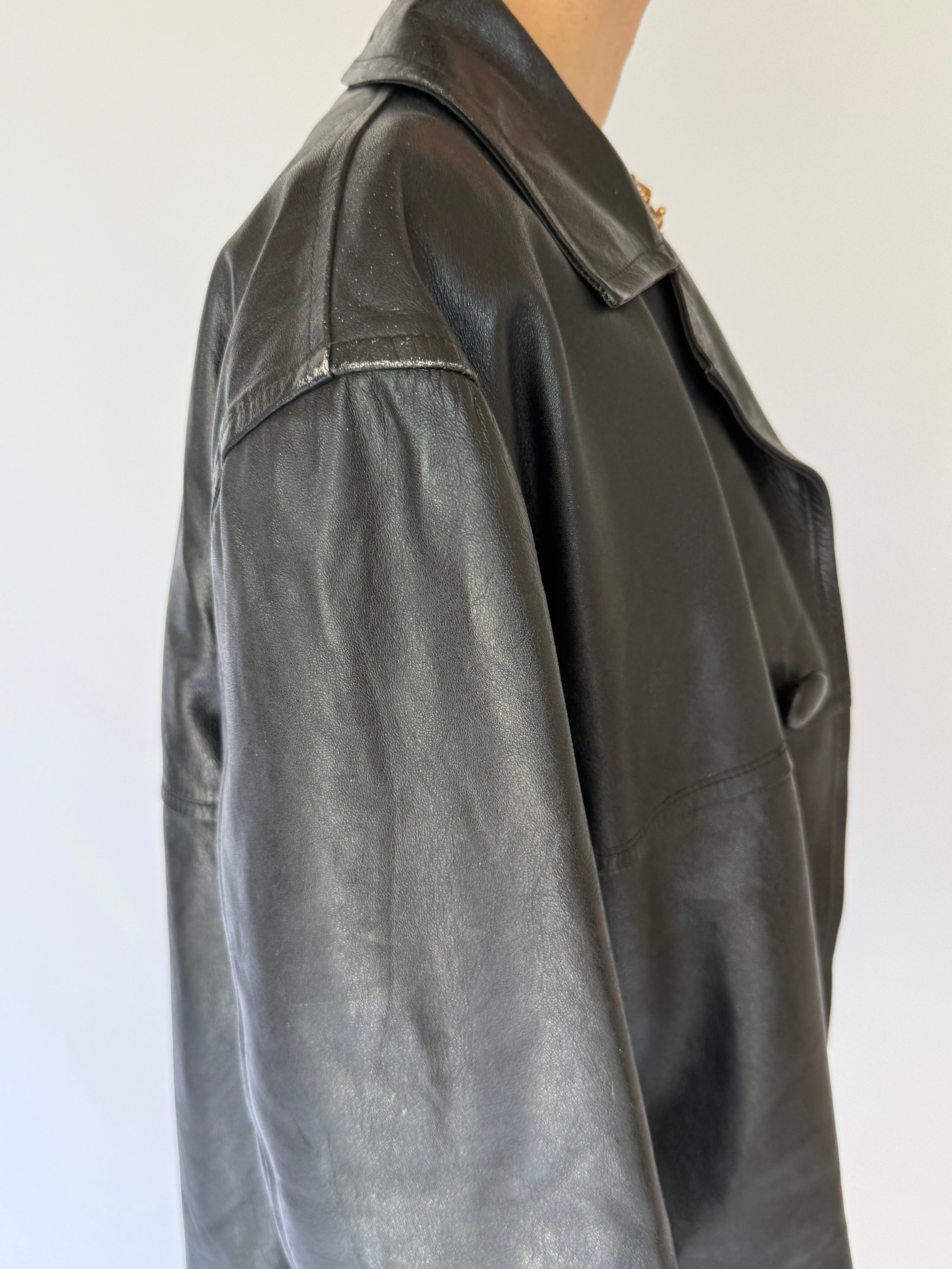 Vintage long leather coat black 5916