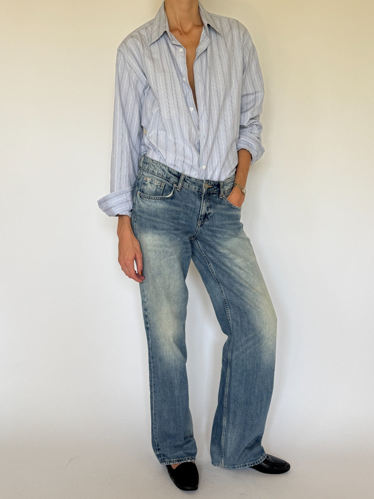 Vintage blue striped cotton shirt front view