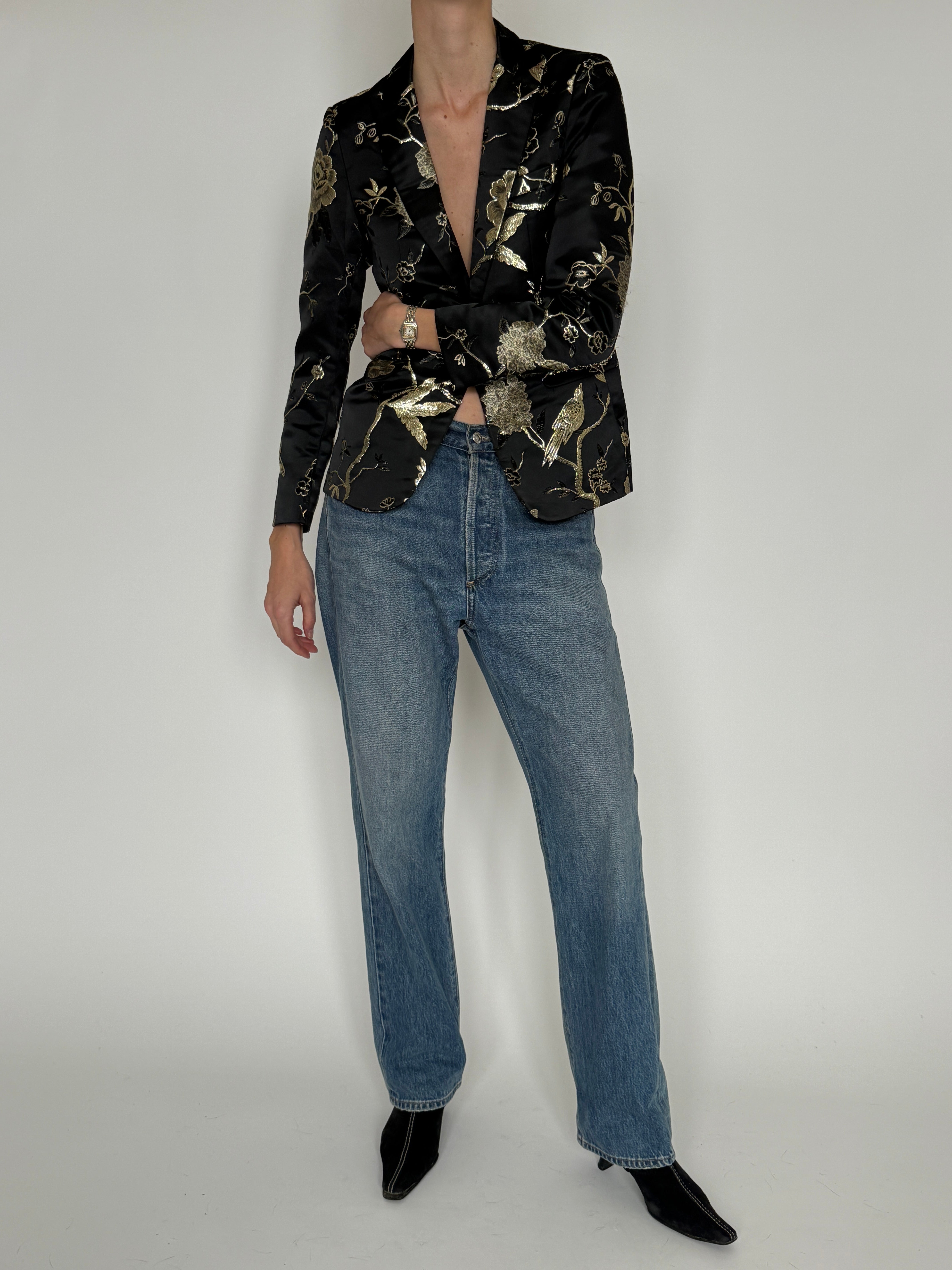 Vintage black embroidered blazer full length view