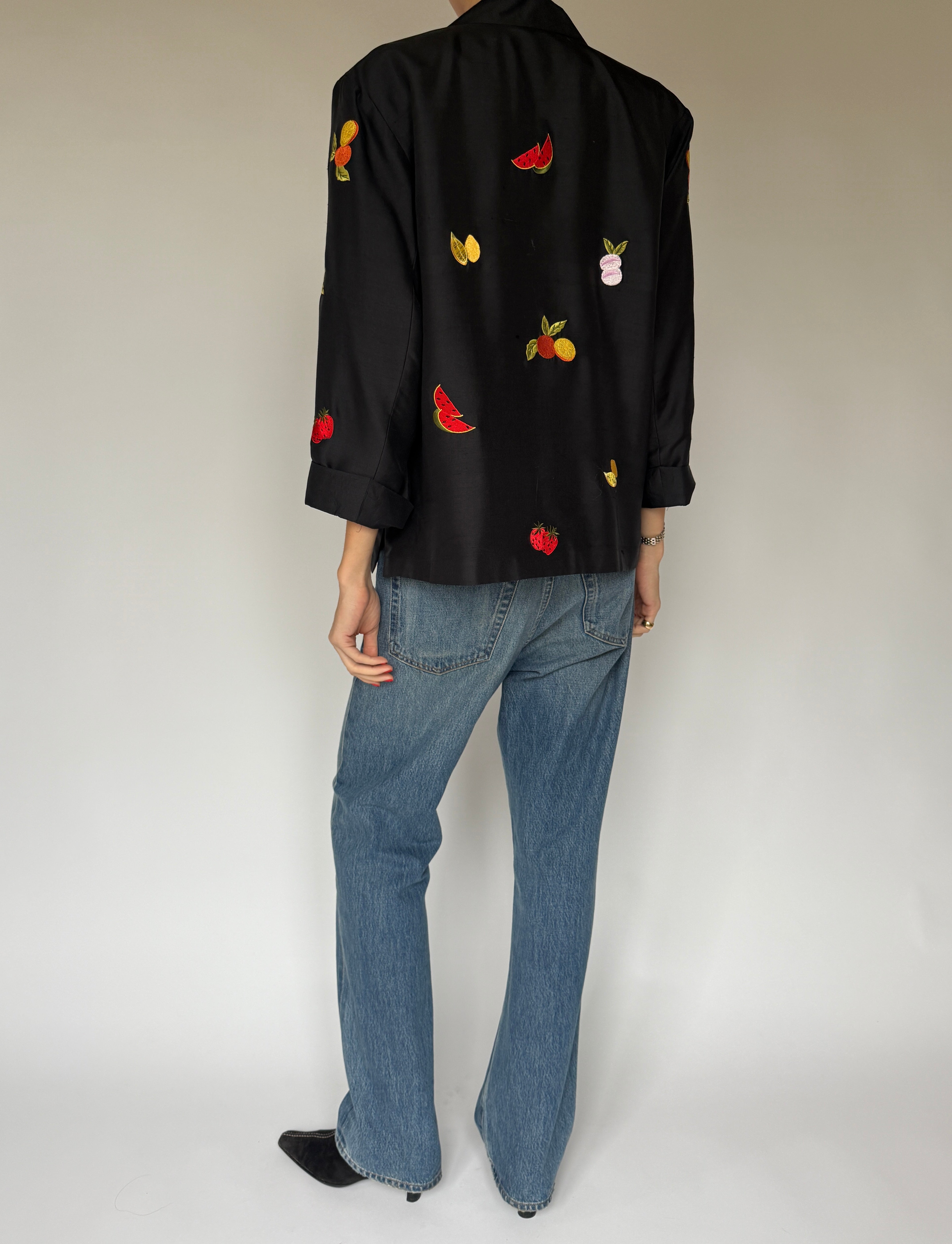 Vintage black silk embroidered fruit jacket back view
