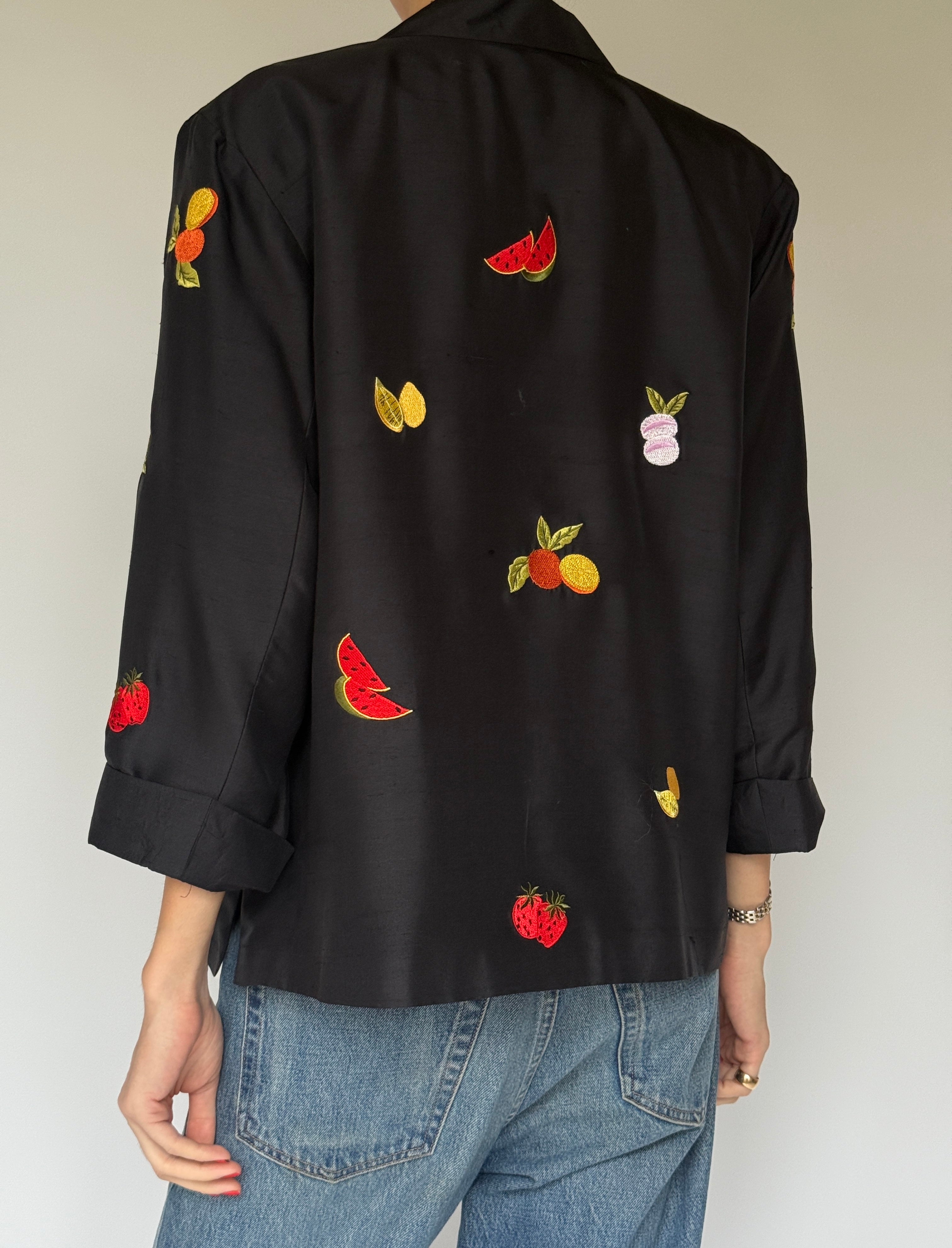 Vintage black silk embroidered fruit jacket back view