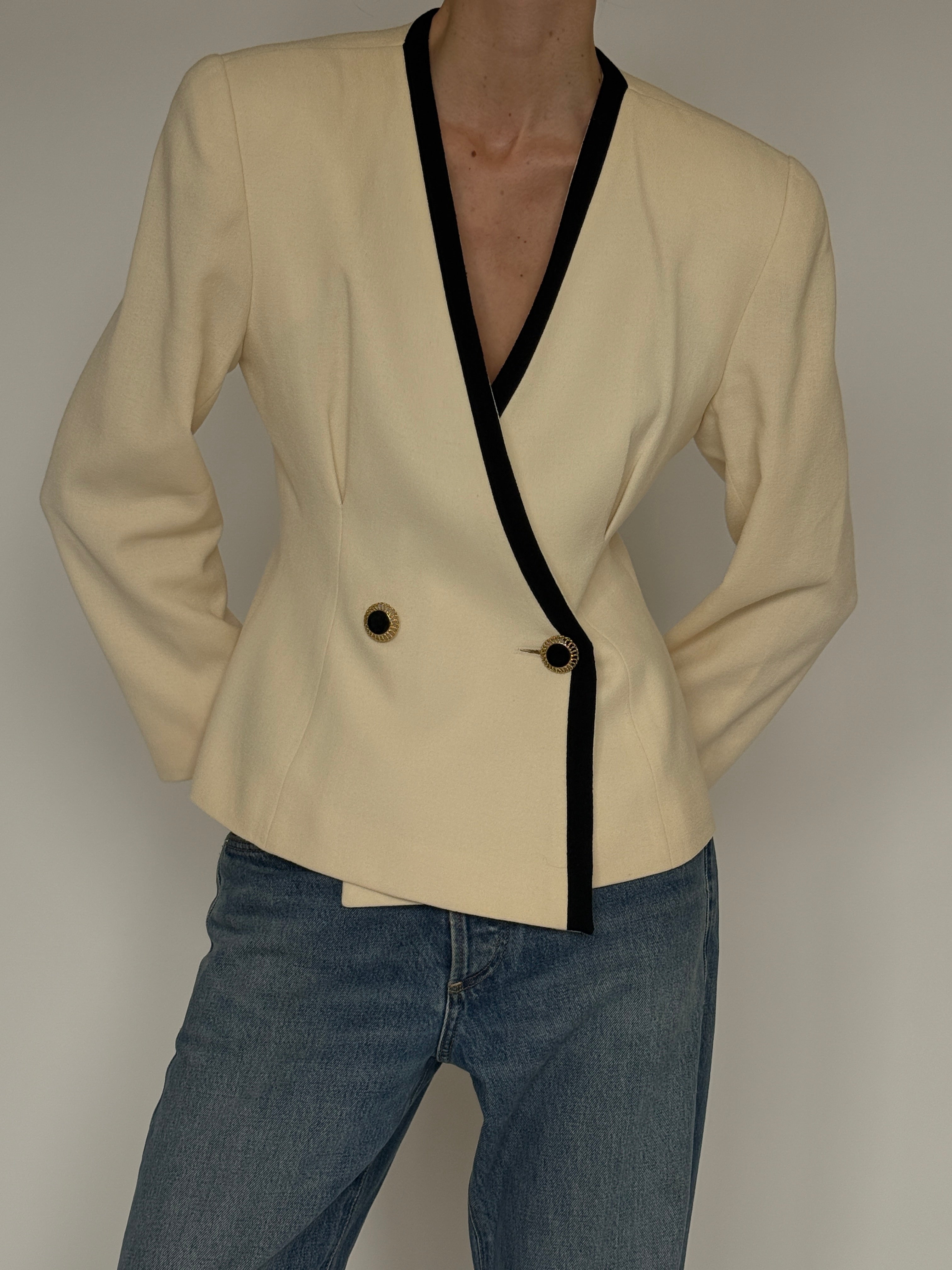 Vintage cream wrap blazer with black trim front view