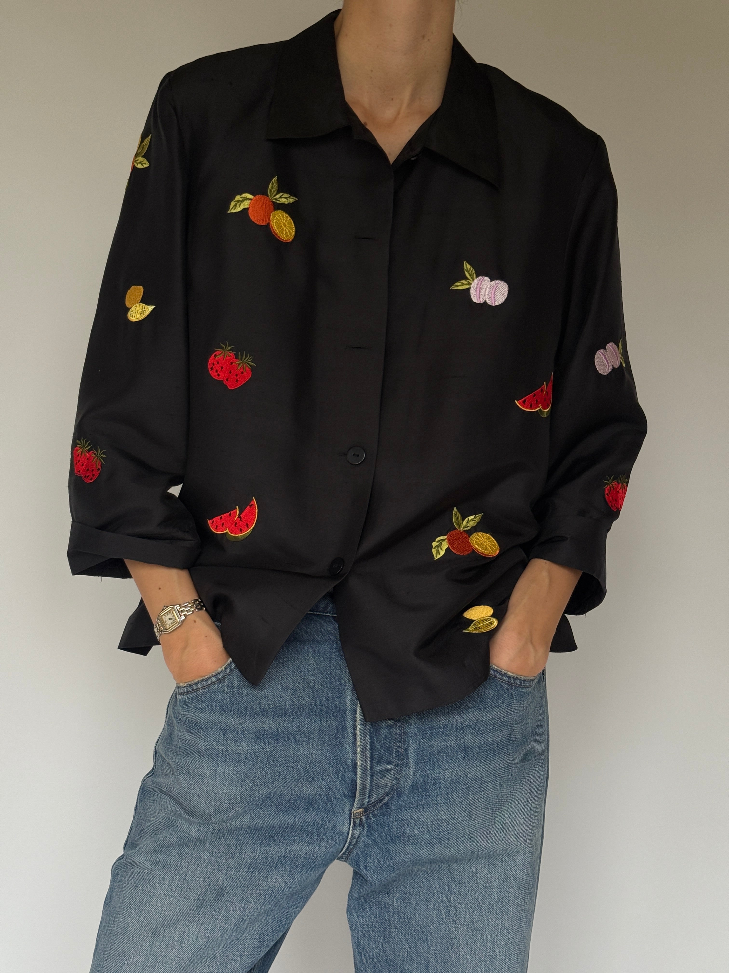 Vintage black silk embroidered fruit jacket front view