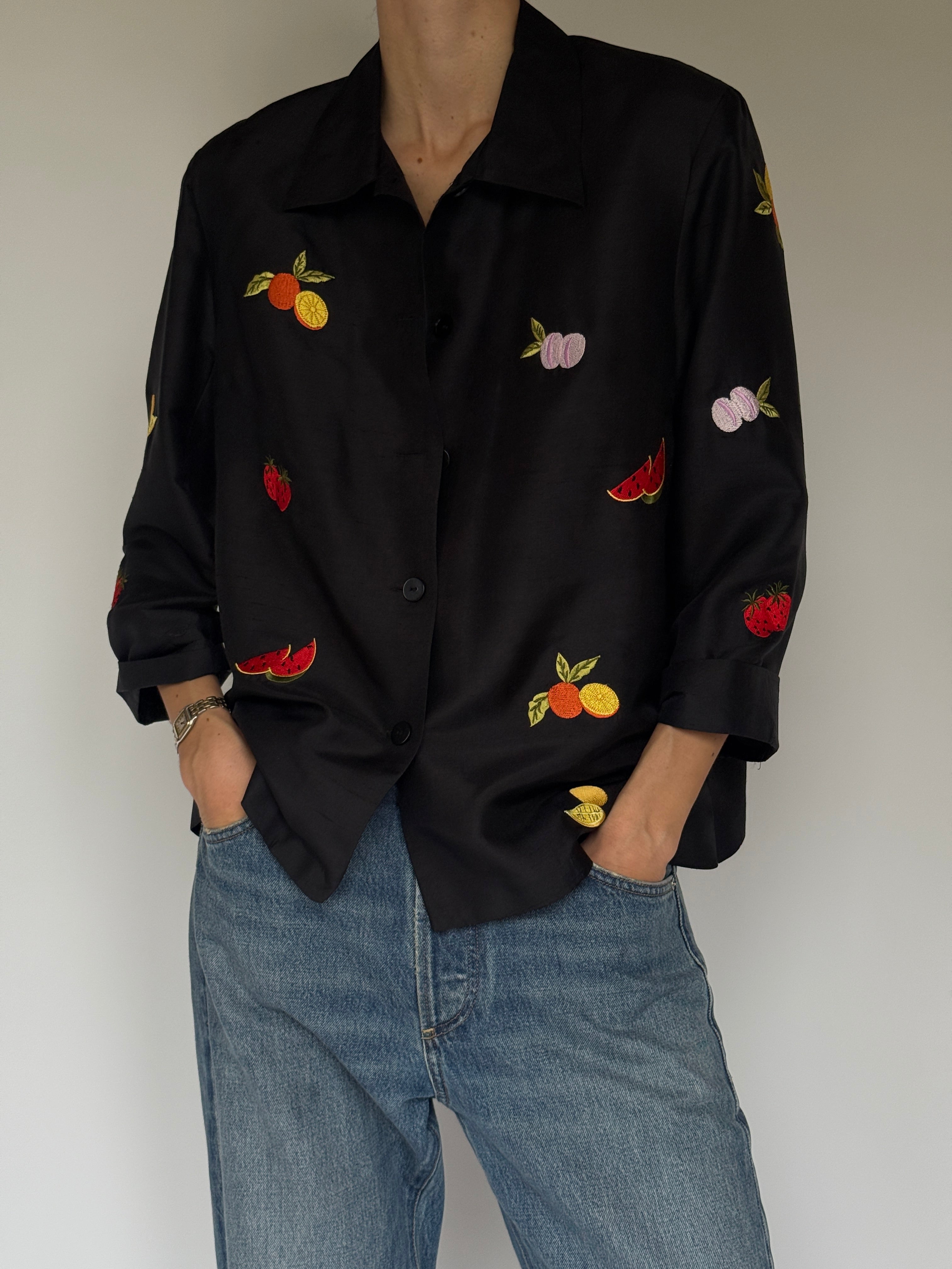 Vintage black silk embroidered fruit jacket front view