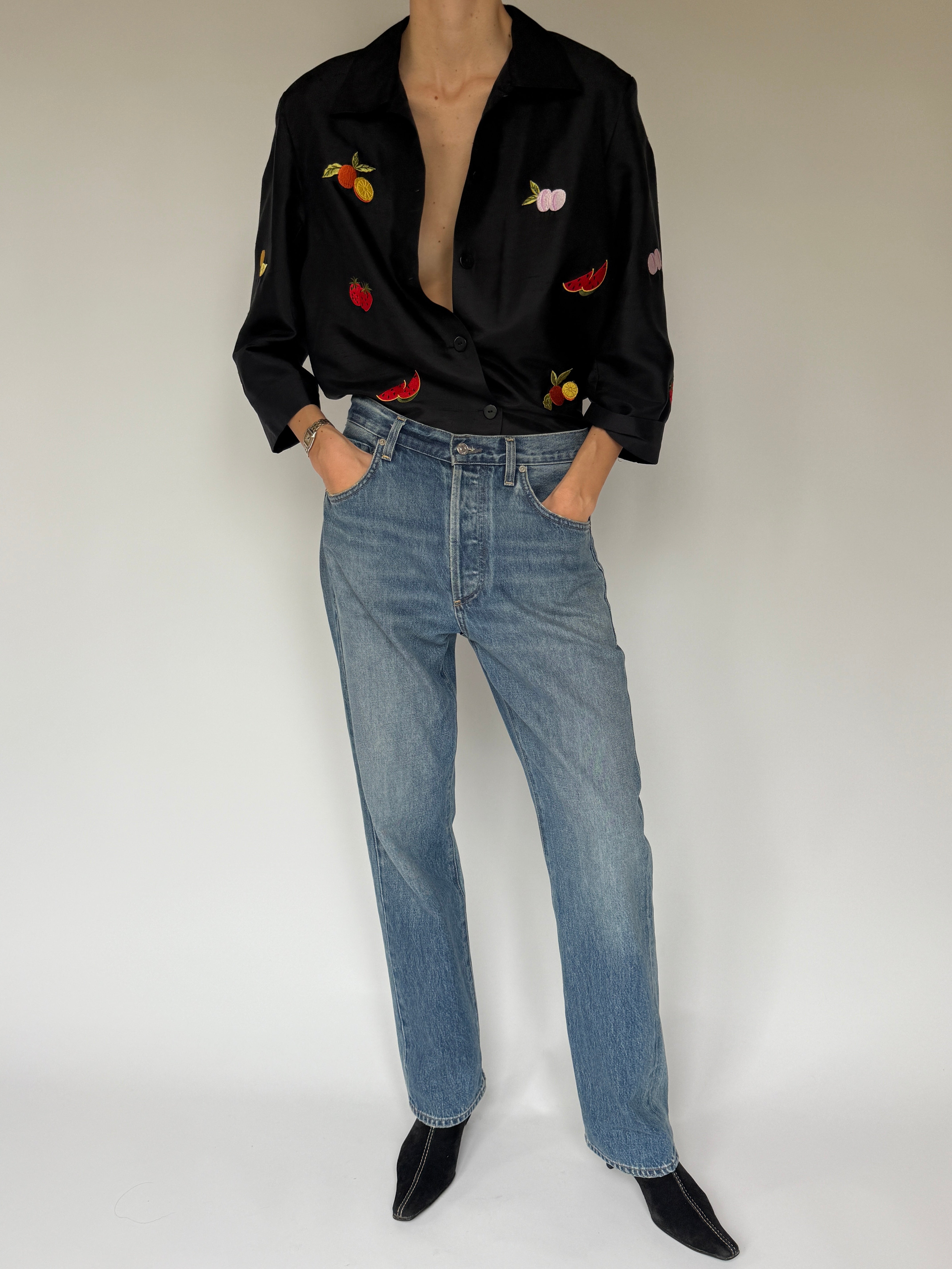 Vintage black silk embroidered fruit jacket front view