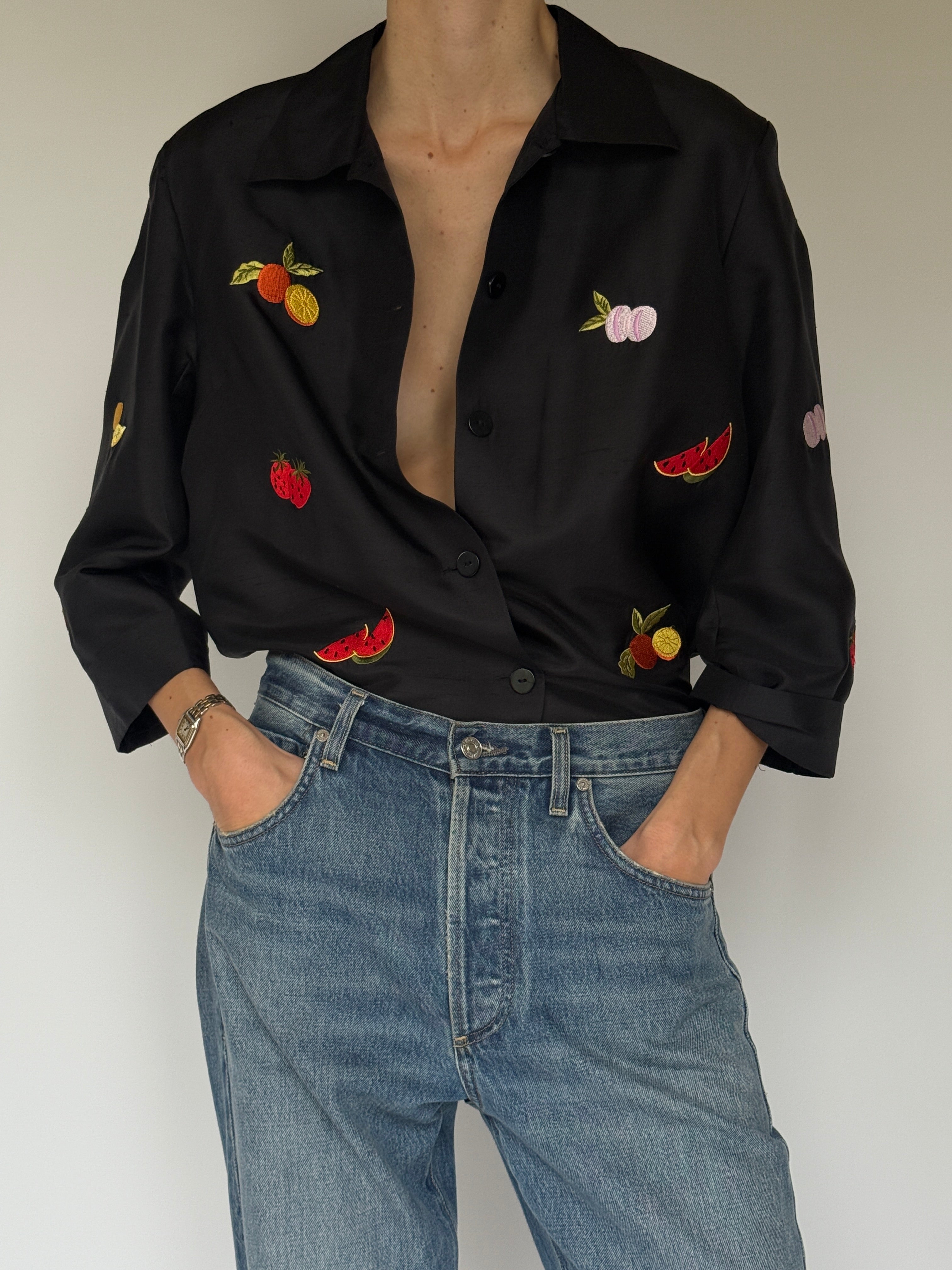 Vintage black silk embroidered fruit jacket front view