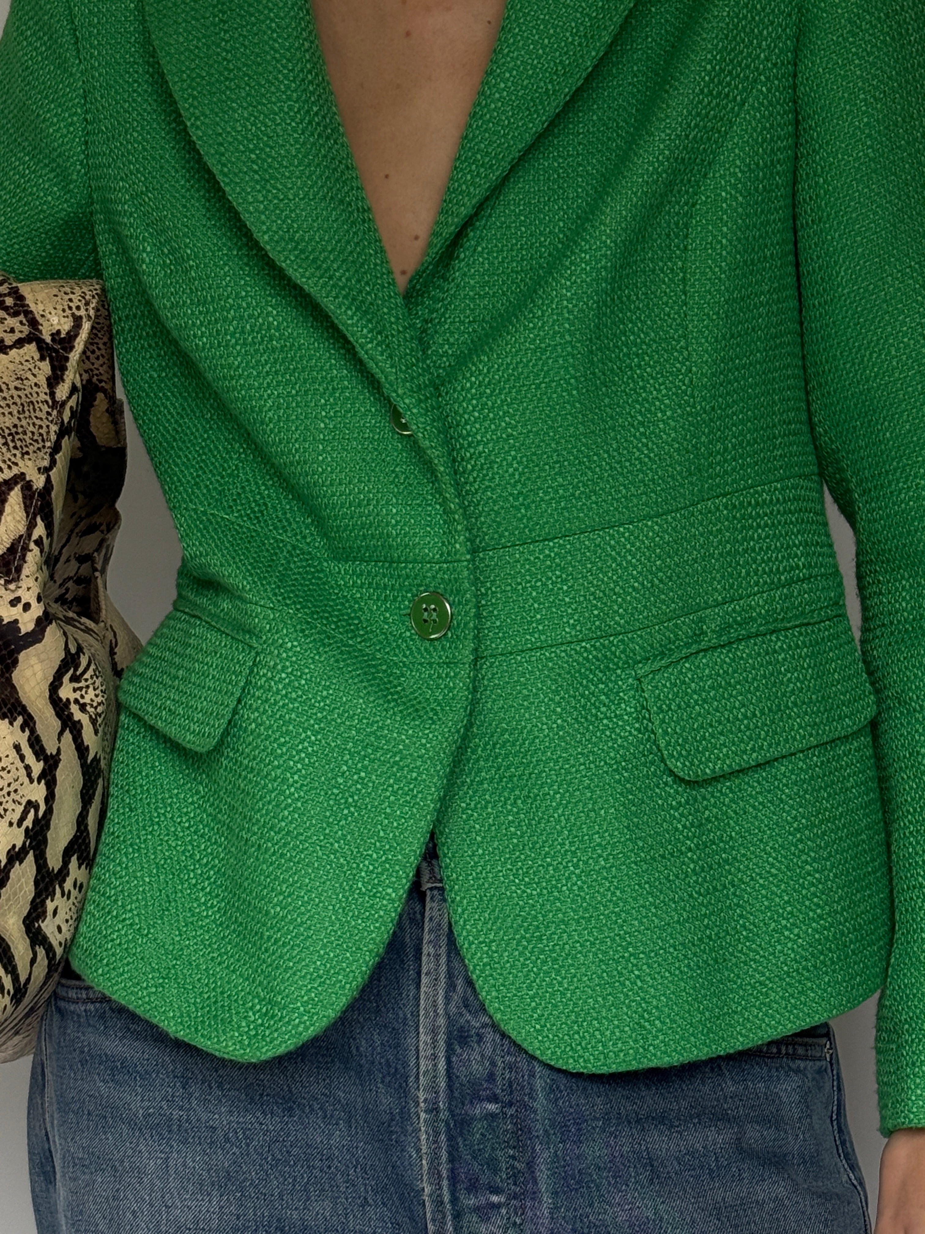 Tailored green textured blazer with front flap pockets