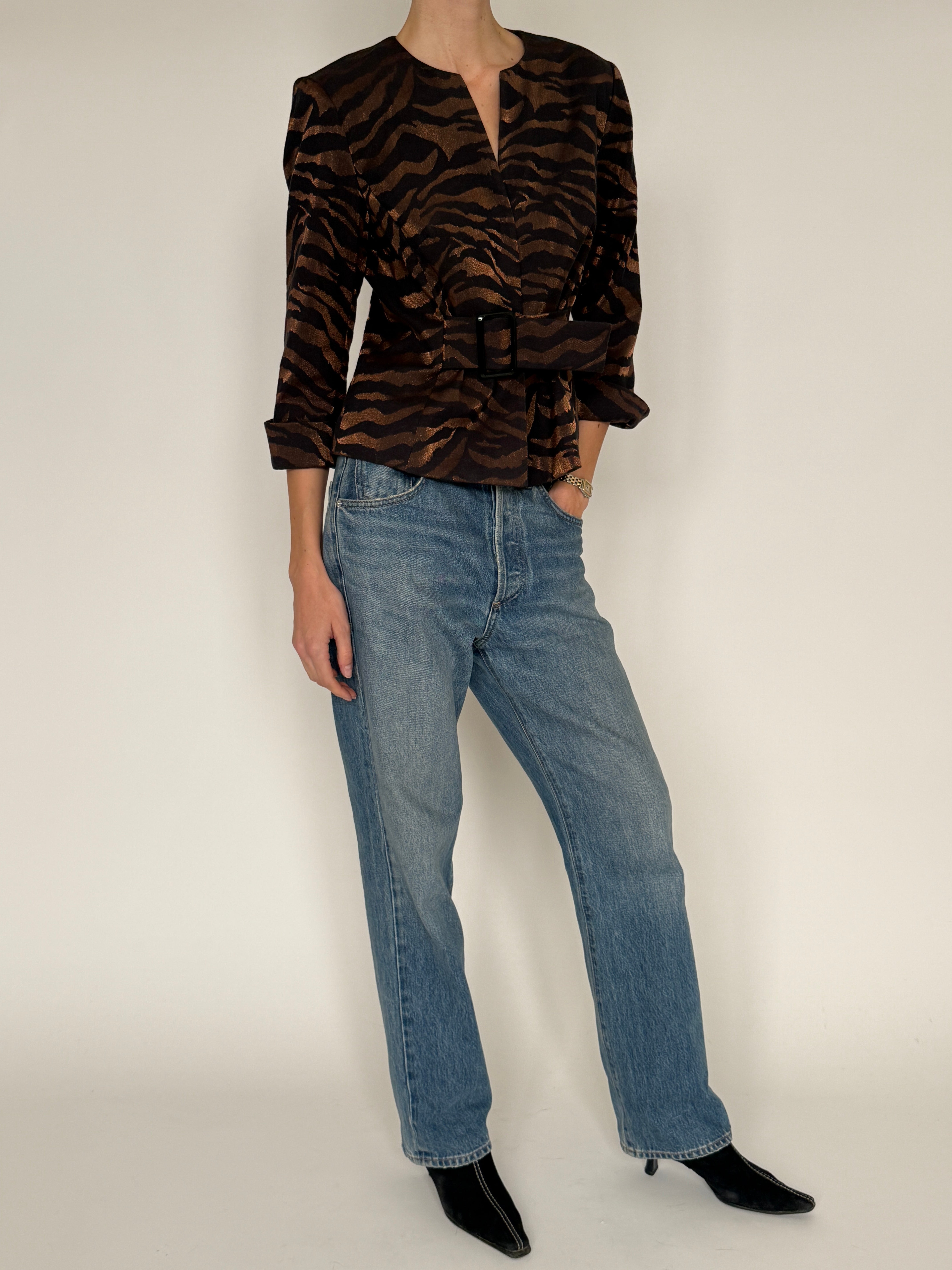 Vintage brown tiger jacquard jacket side view