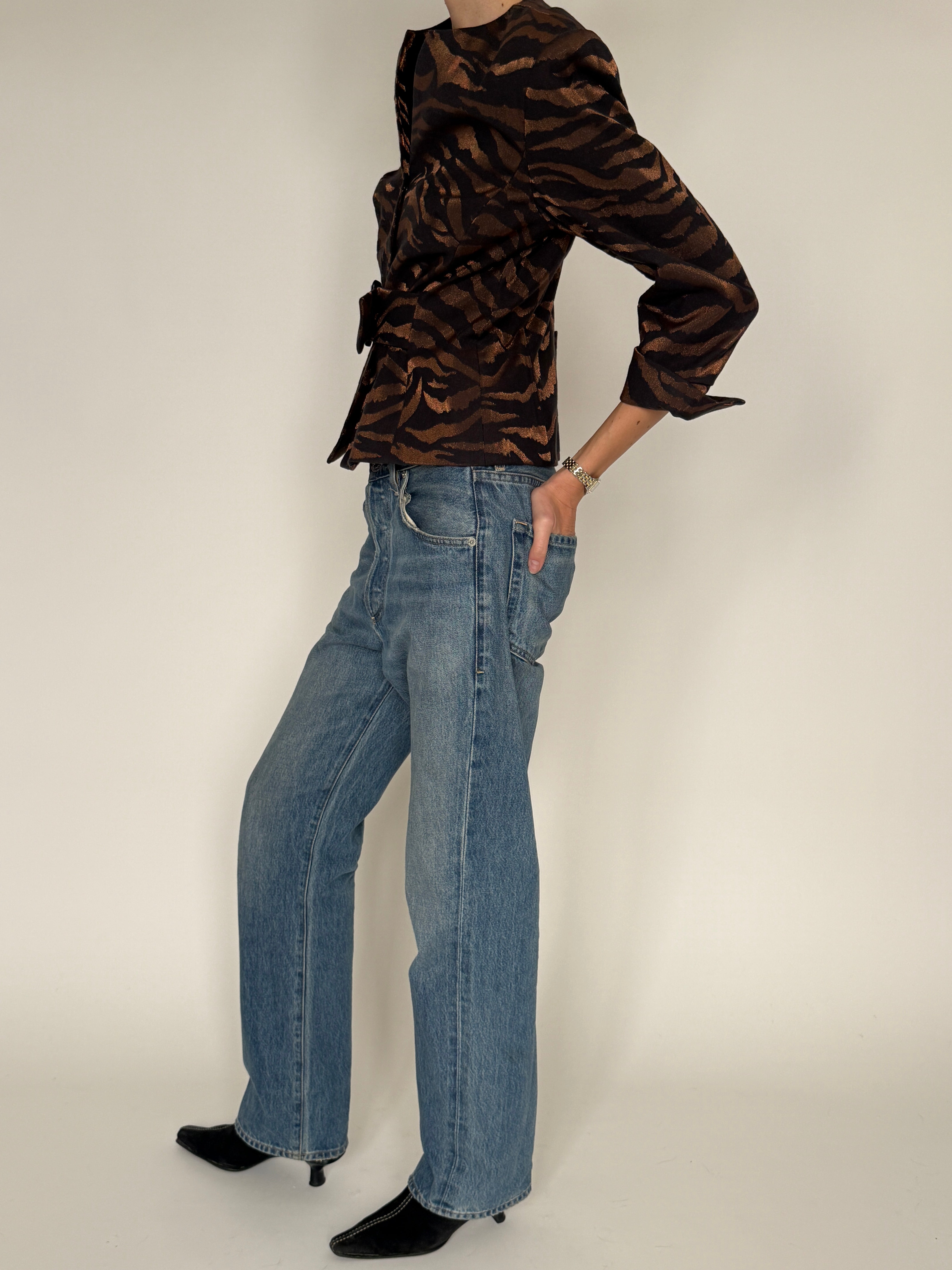 Vintage brown tiger jacquard jacket side view