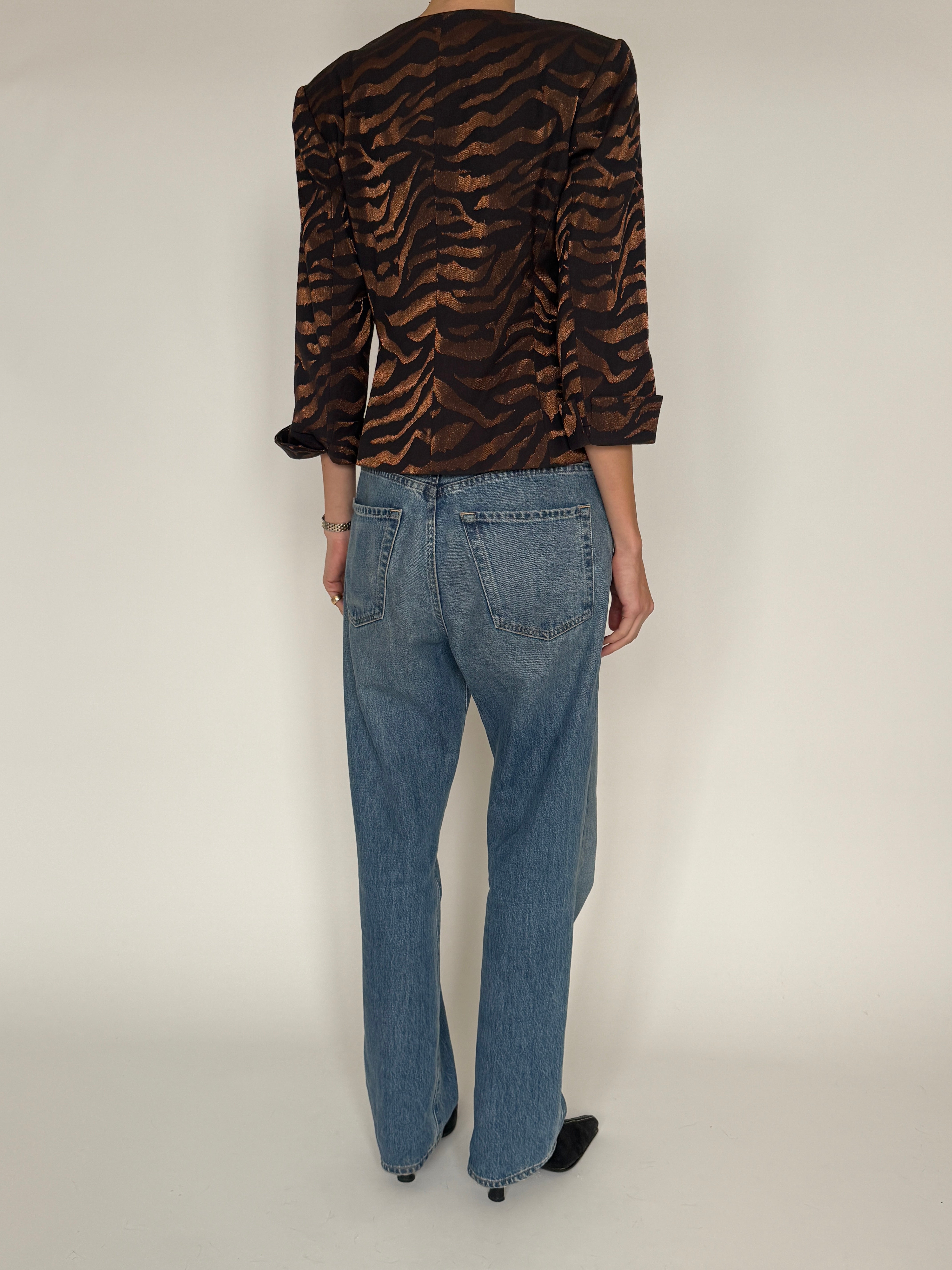 Vintage brown tiger jacquard belted jacket back view