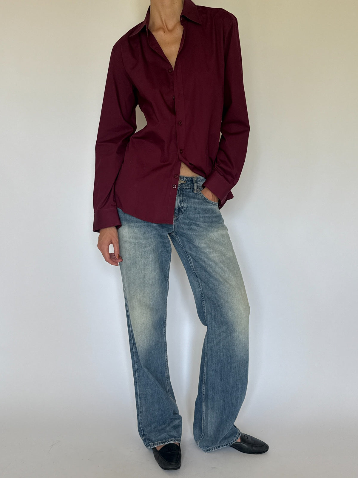 Vintage burgundy button-up shirt styled front view