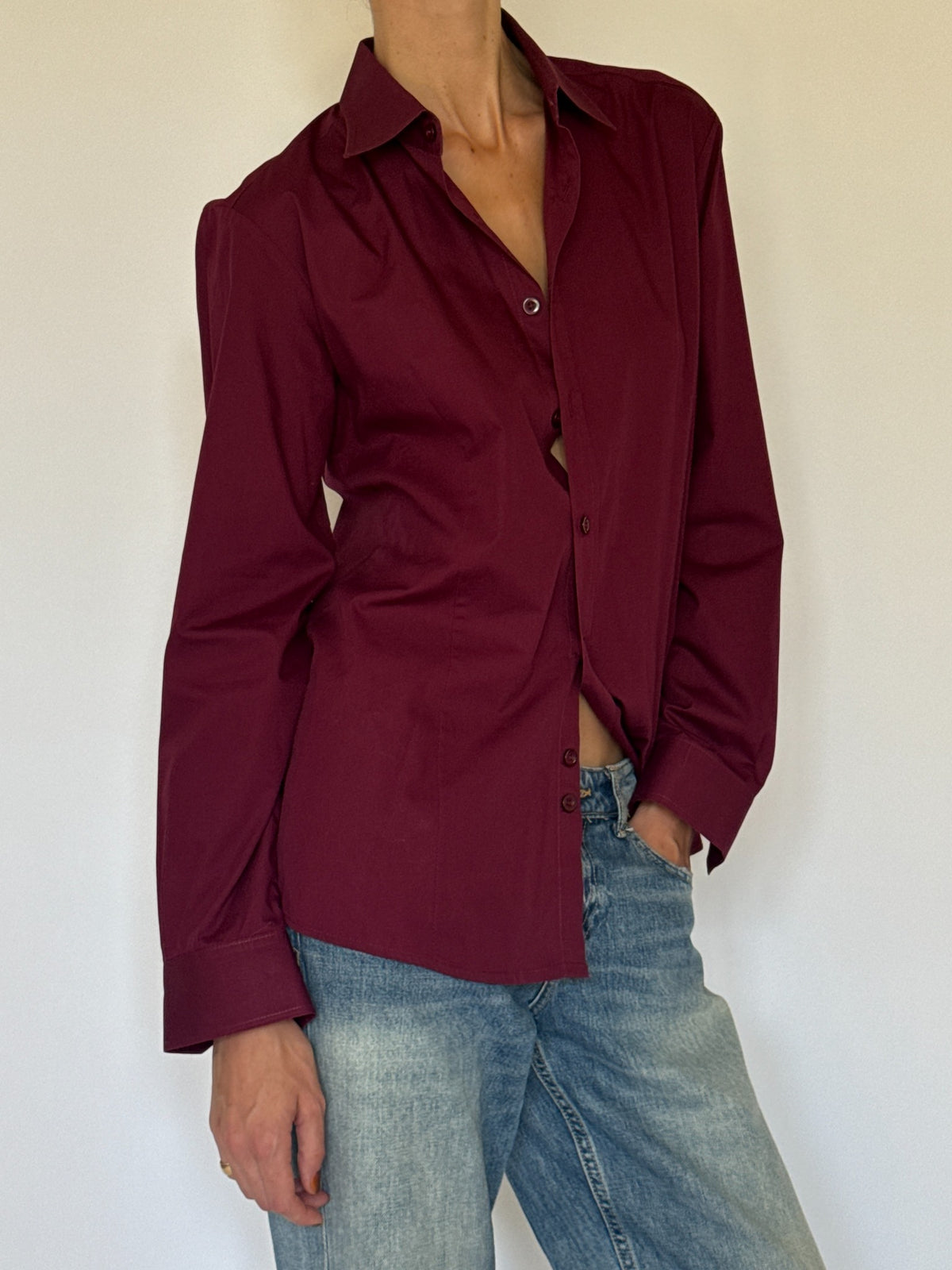 Vintage burgundy button-up shirt front angle