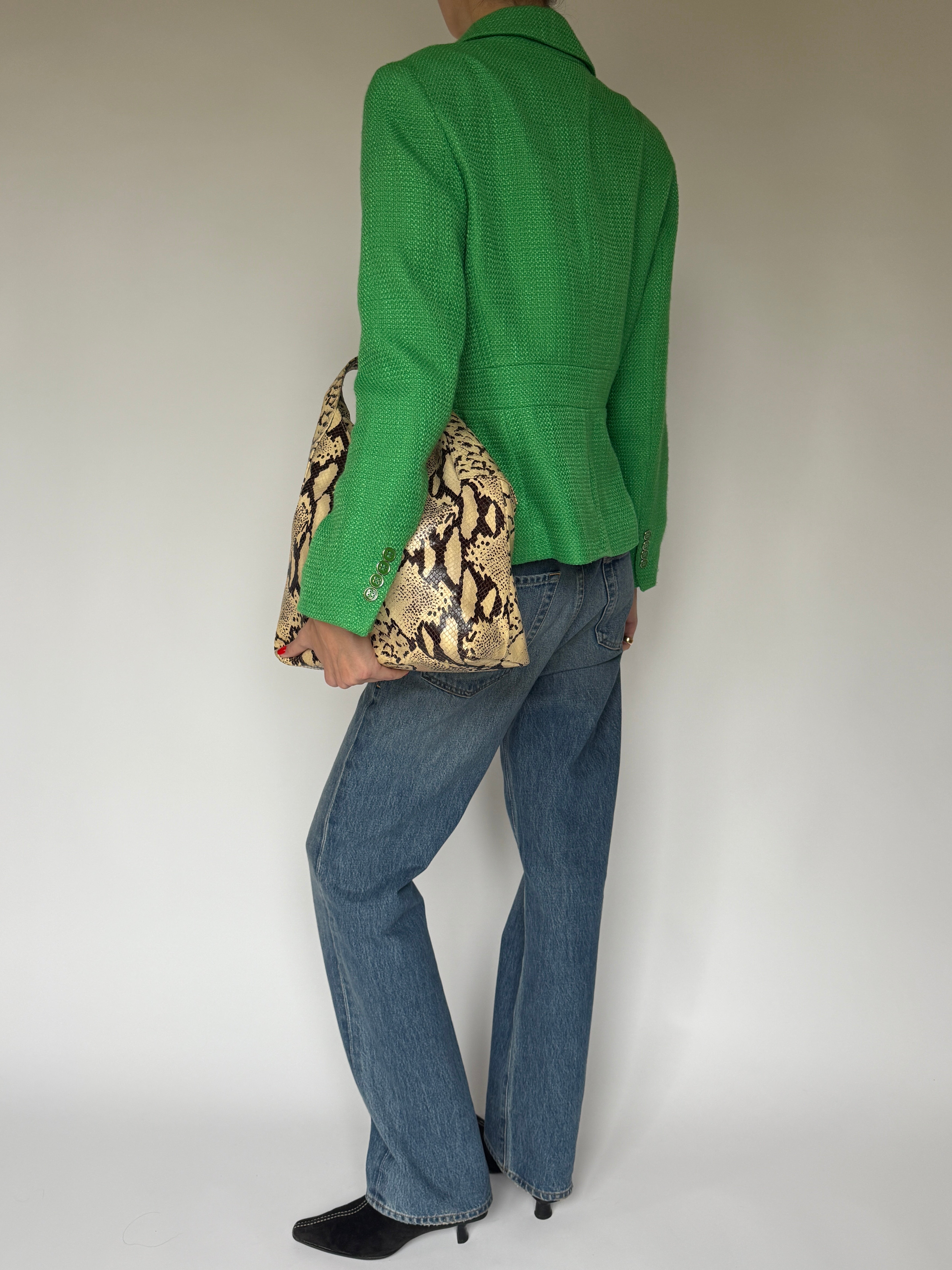 Vintage green blazer with clean tailored silhouette back view full body