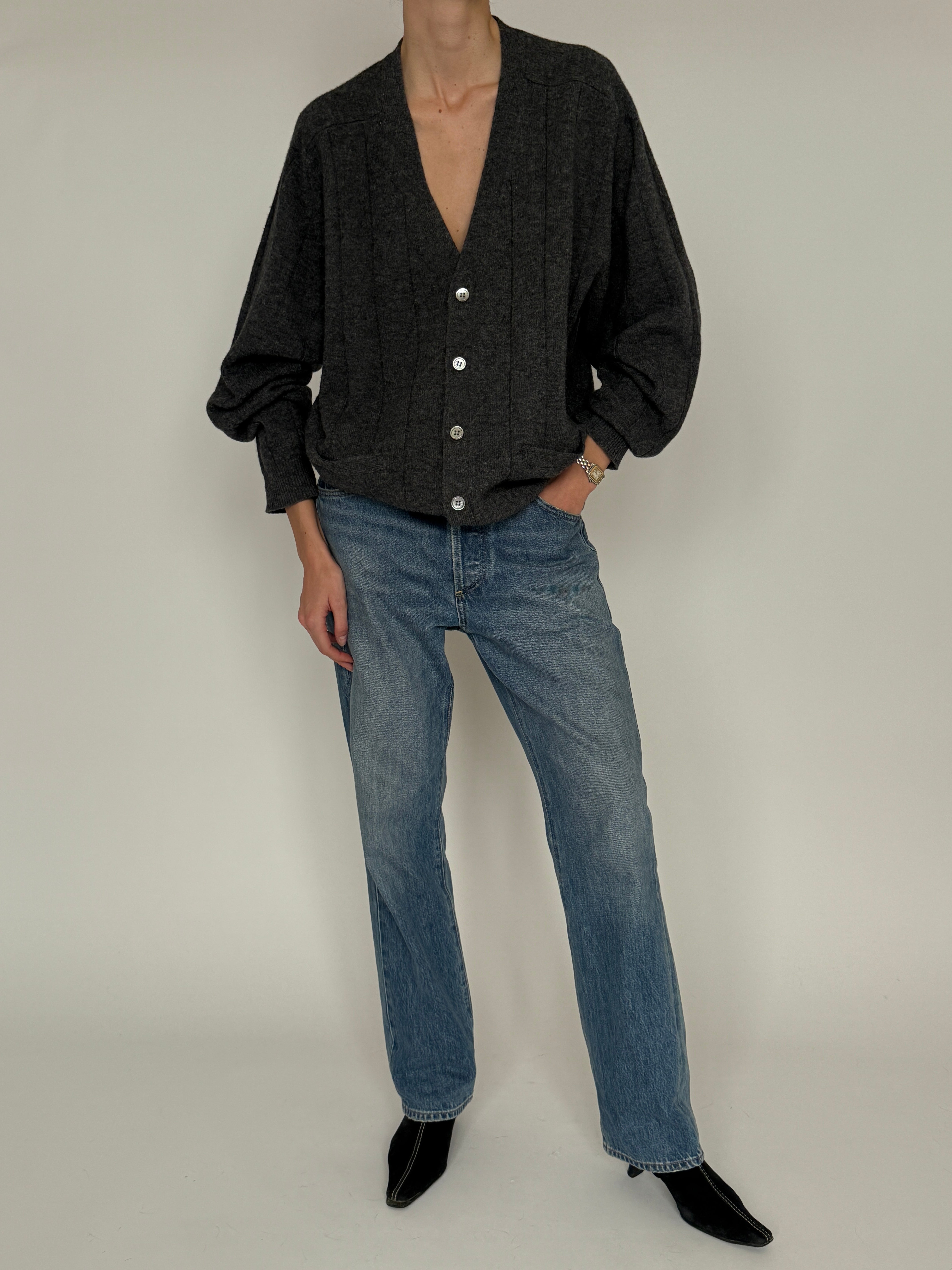 Vintage gray wool cardigan front view