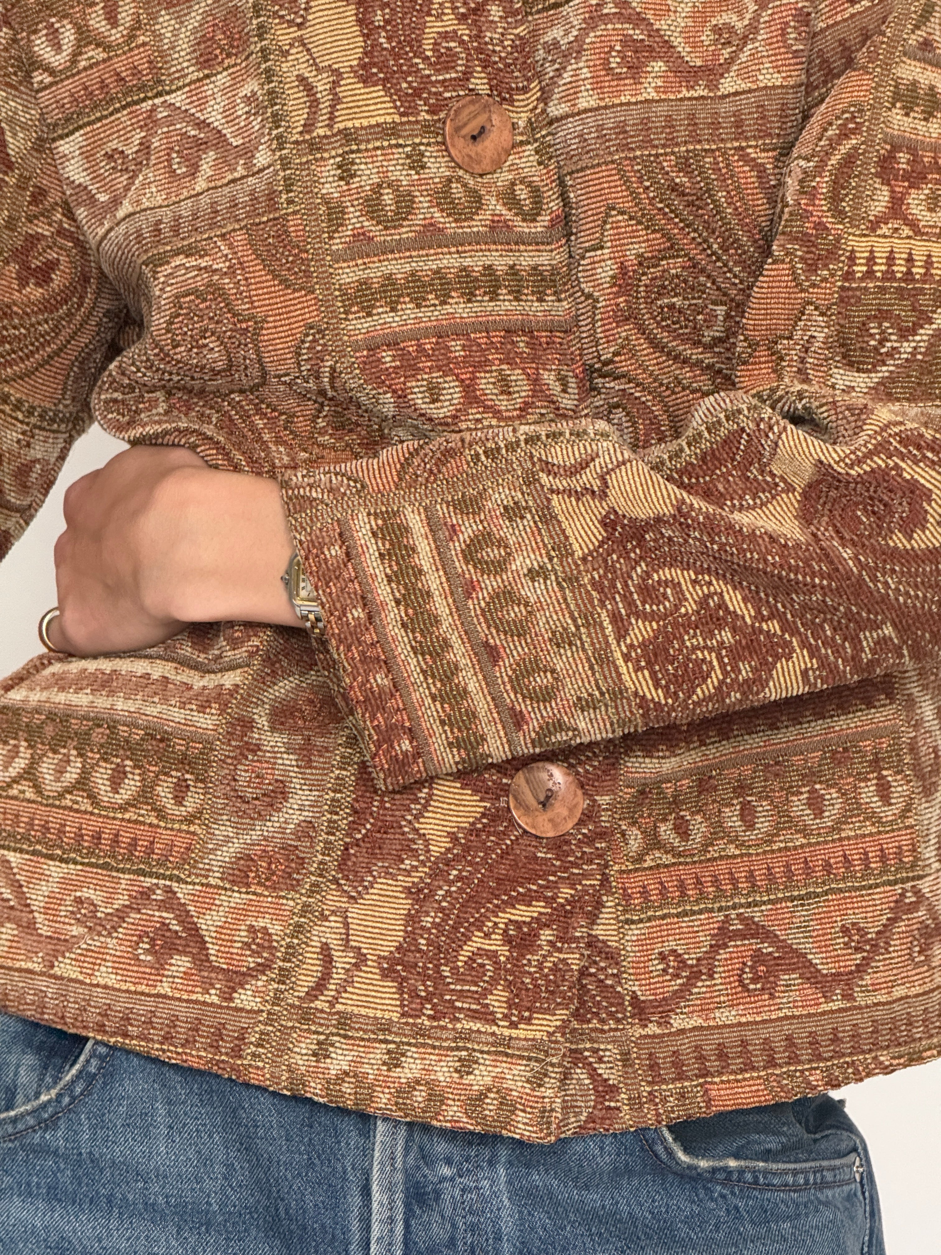 Vintage brown paisley tapestry jacket collar detail