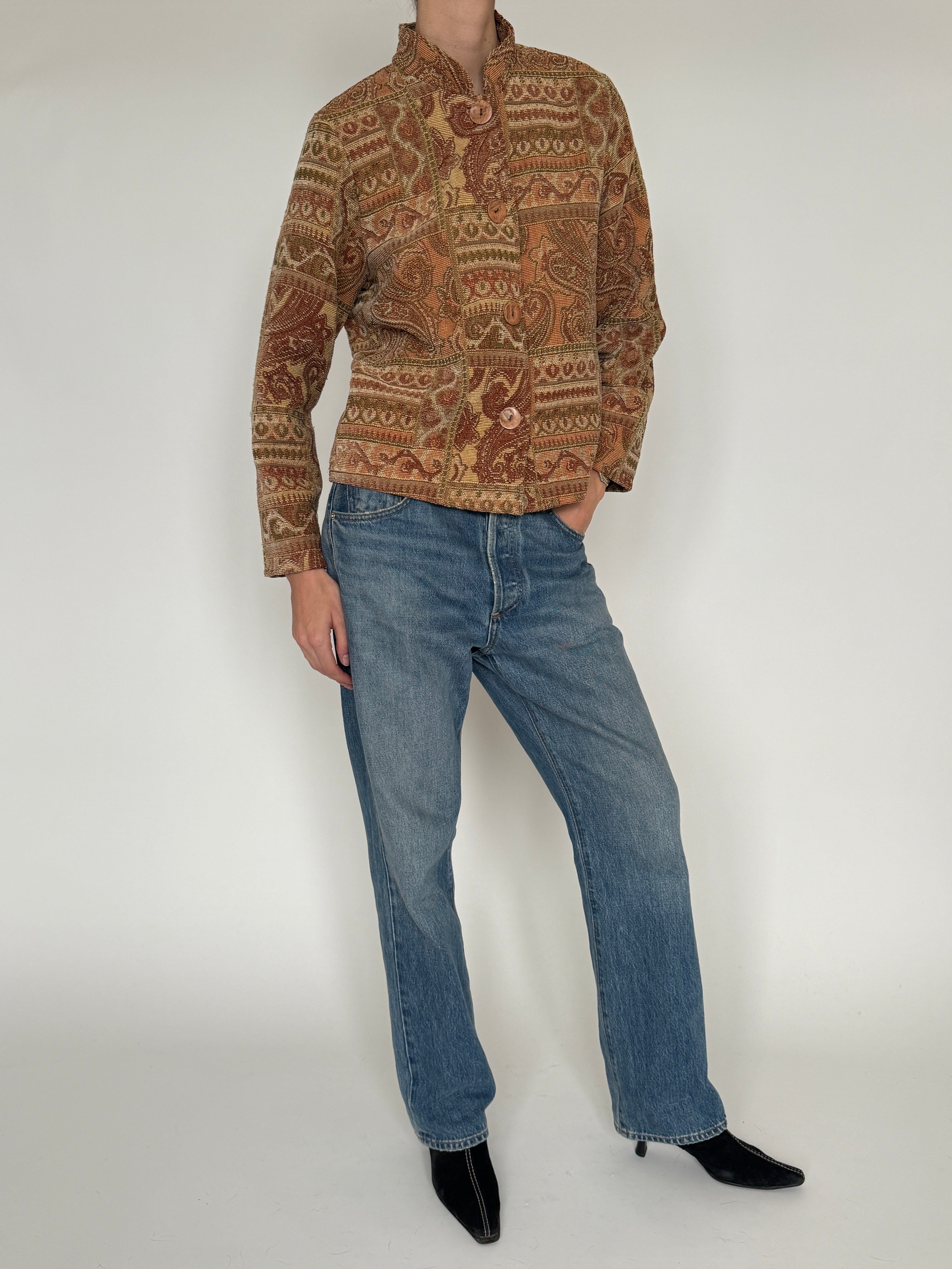 Vintage brown paisley tapestry jacket sleeve detail