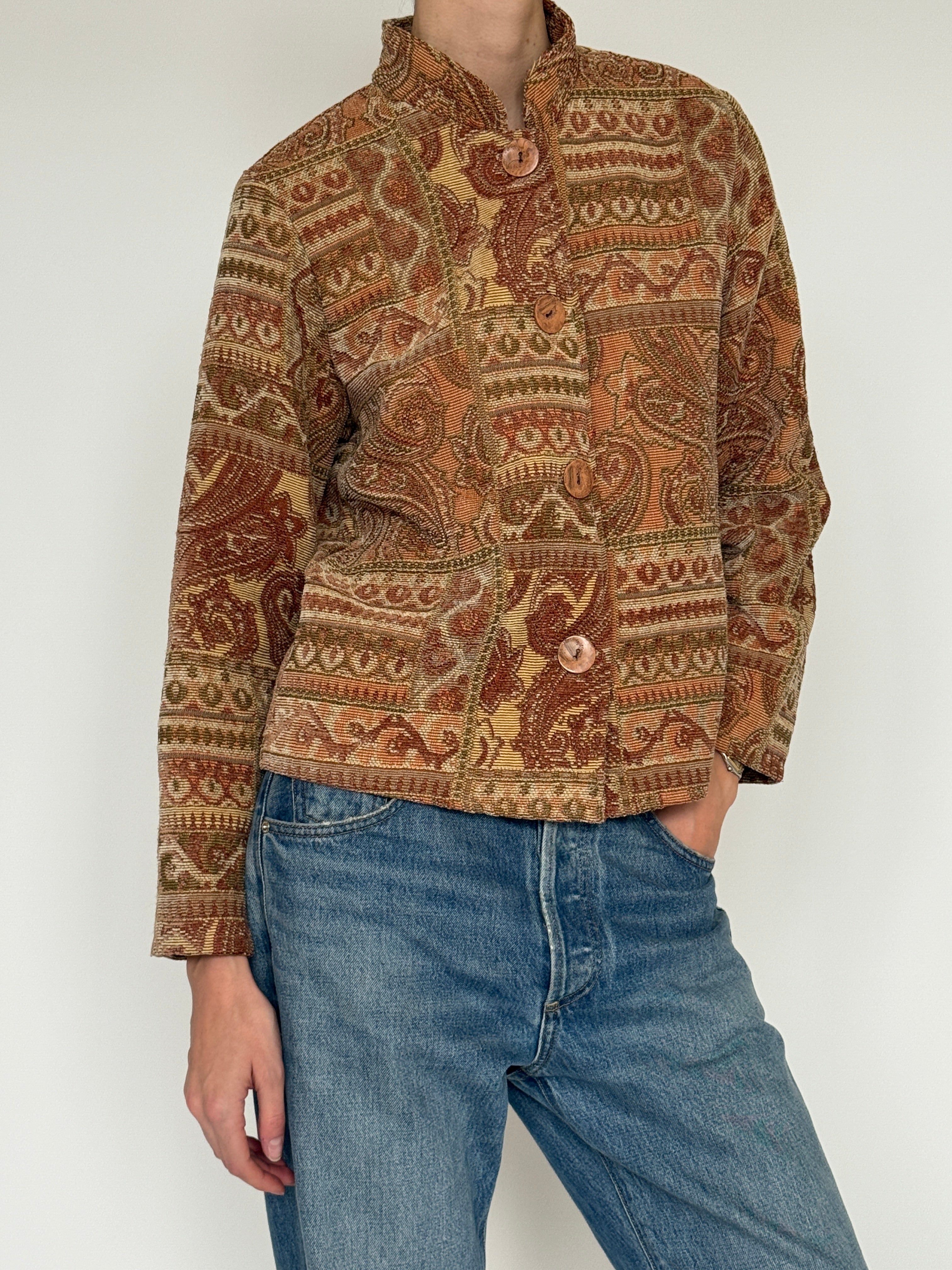 Vintage paisley tapestry jacket brown side view