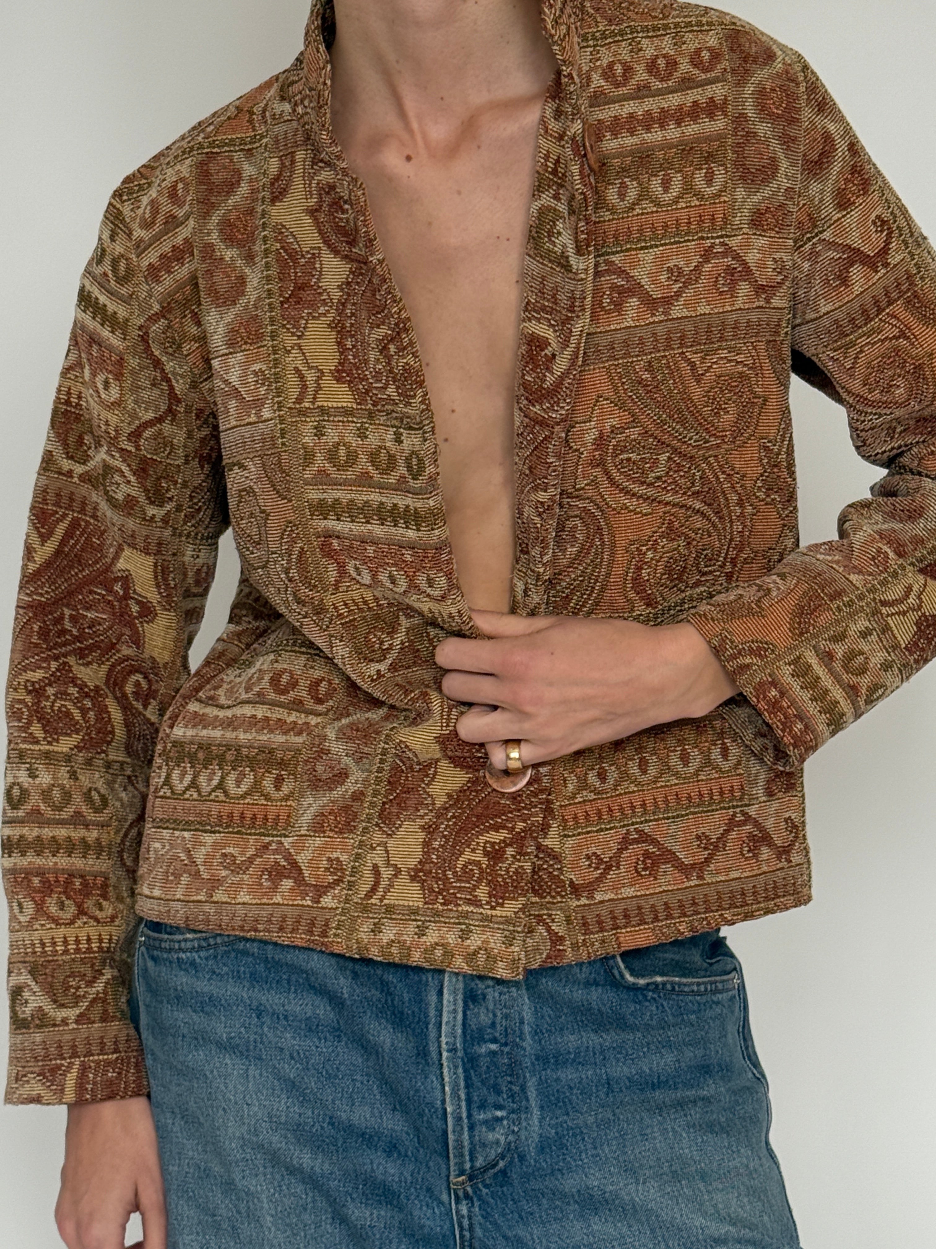 Vintage brown paisley tapestry jacket button detail