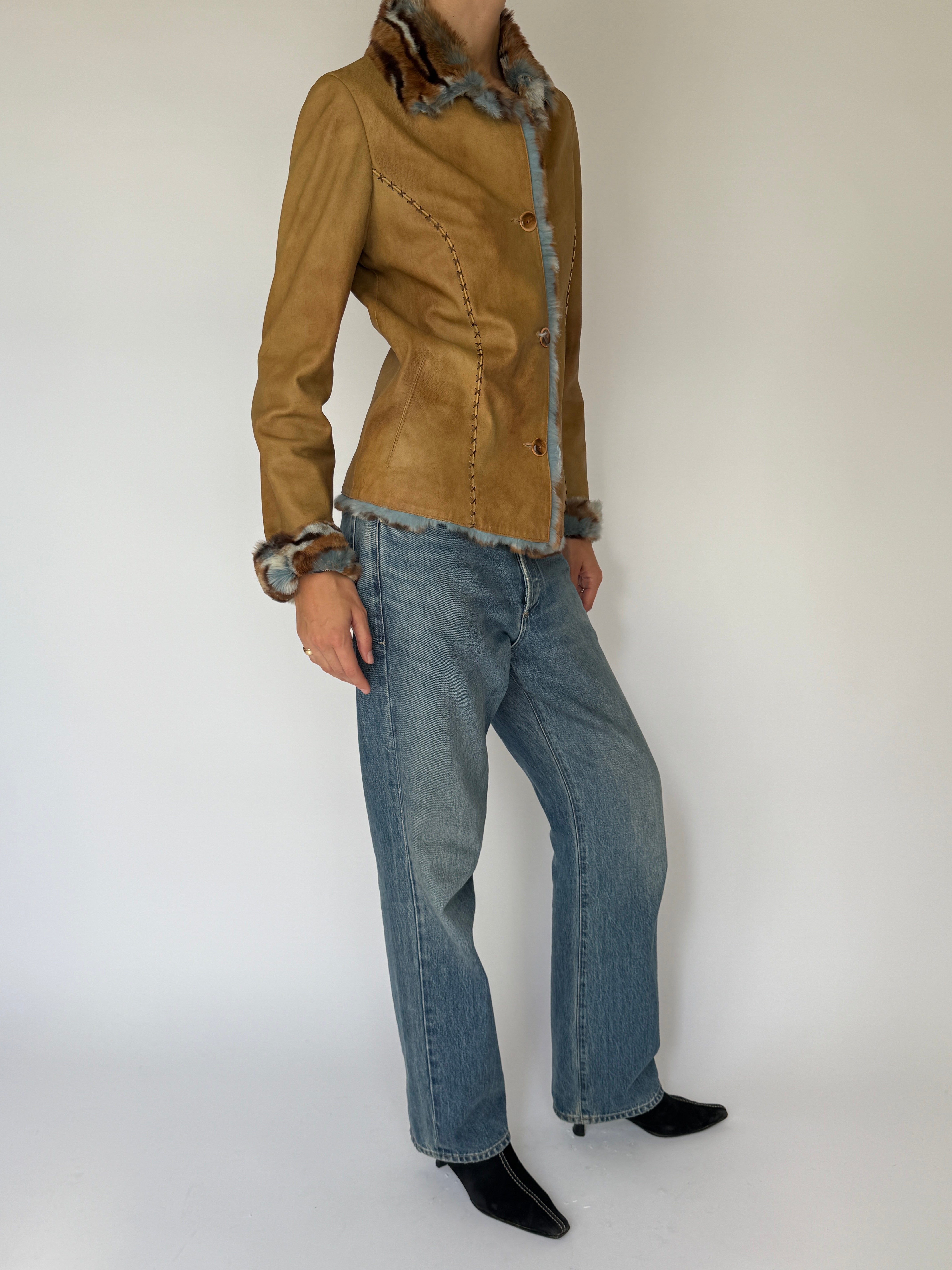 Vintage Leather jacket with Faux Fur trim Tan