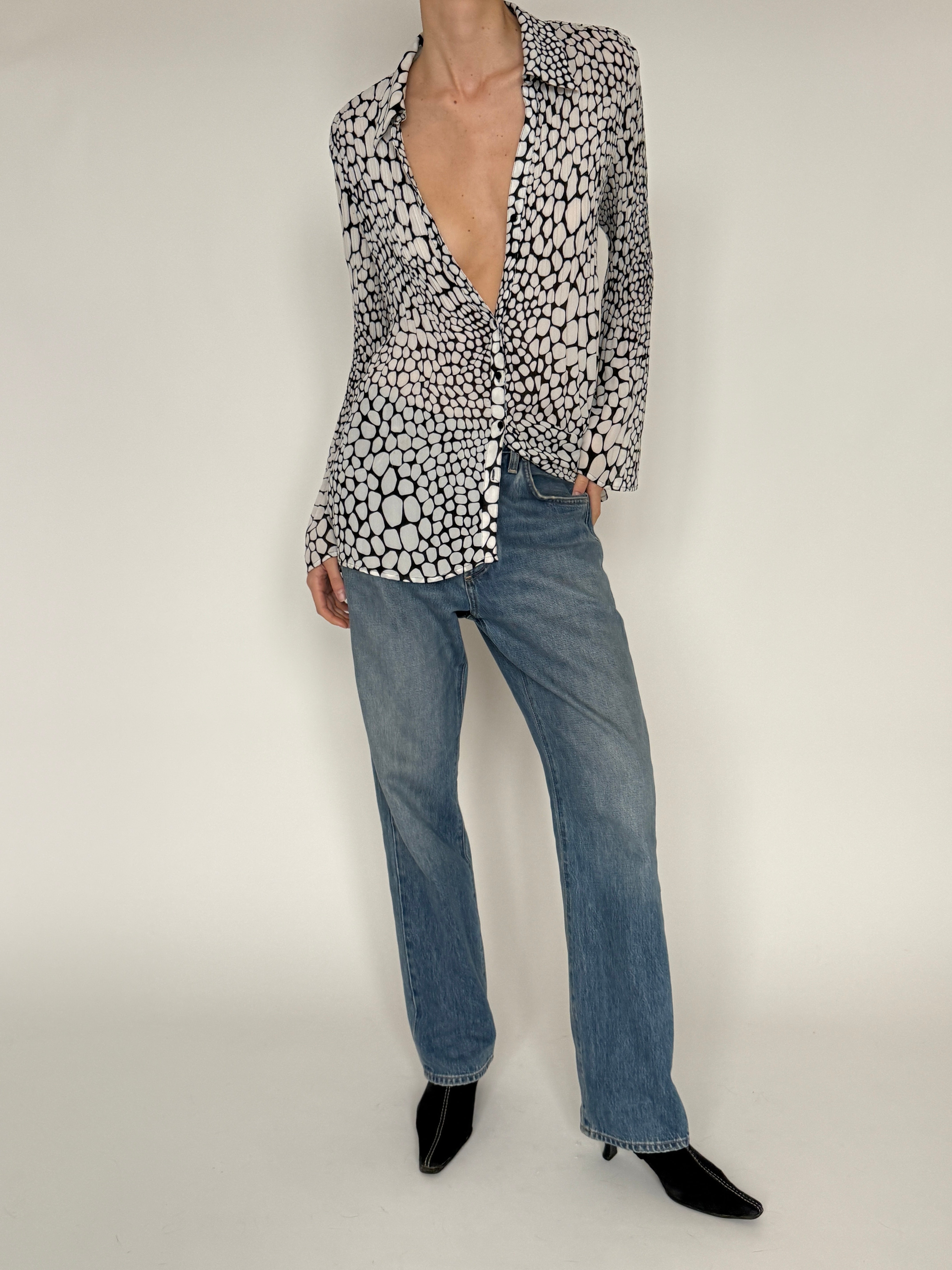 Vintage black and ivory pebble print blouse front view