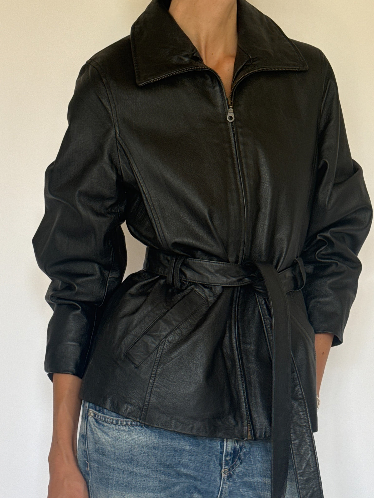 Vintage belted leather jacket black front detail