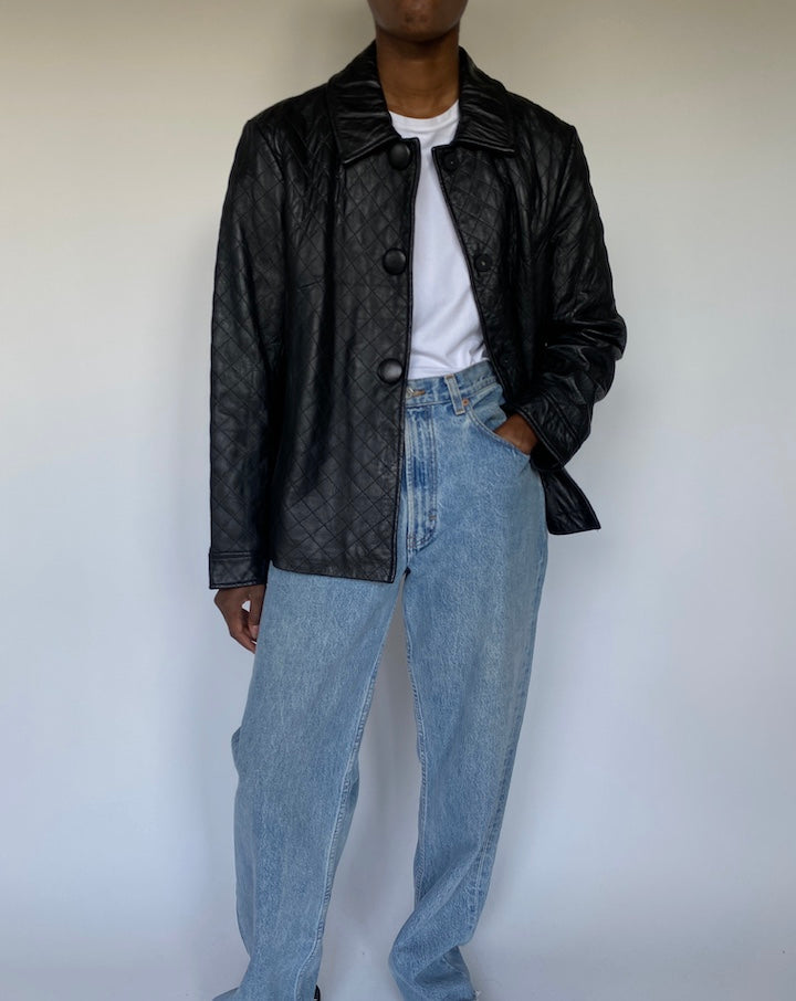 VINTAGE QUILTED BLACK LEATHER JACKET 3660
