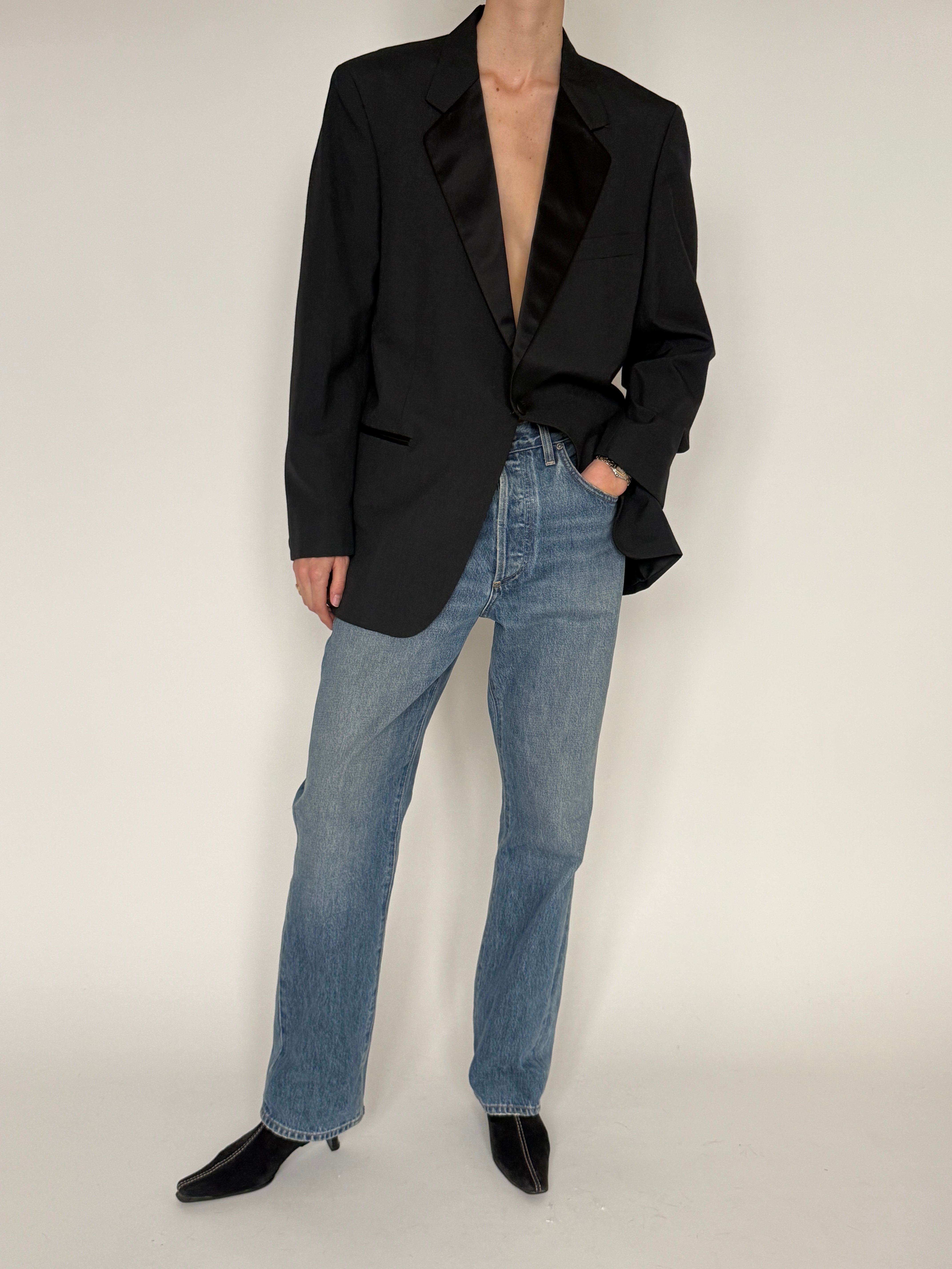 Vintage black satin lapel blazer front view