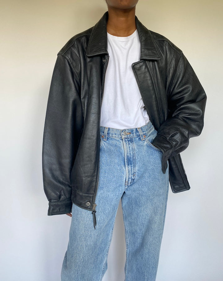 VINTAGE BLACK LEATHER BOMBER JACKET STYLE 3664