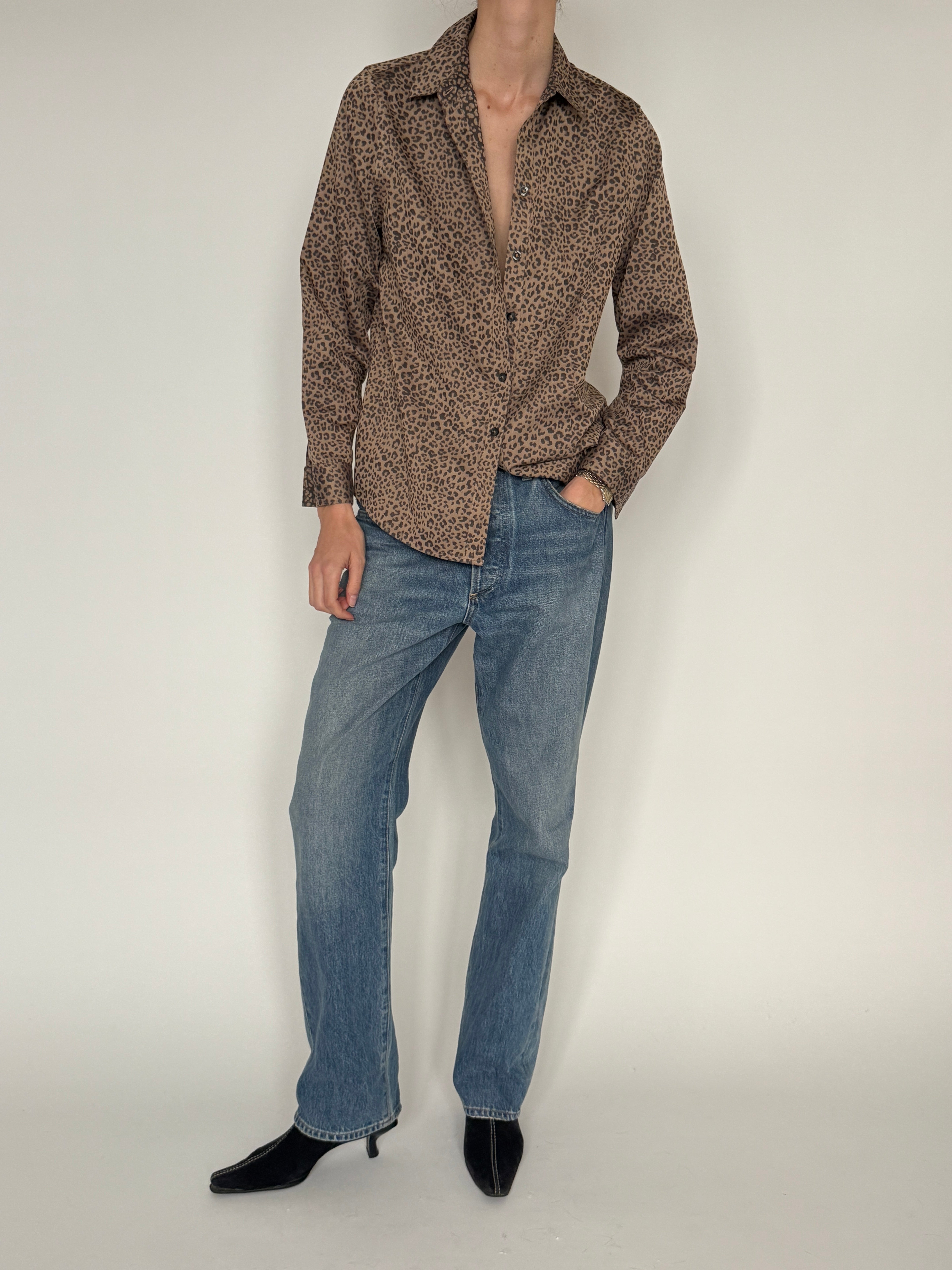 Vintage brown leopard print shirt front view